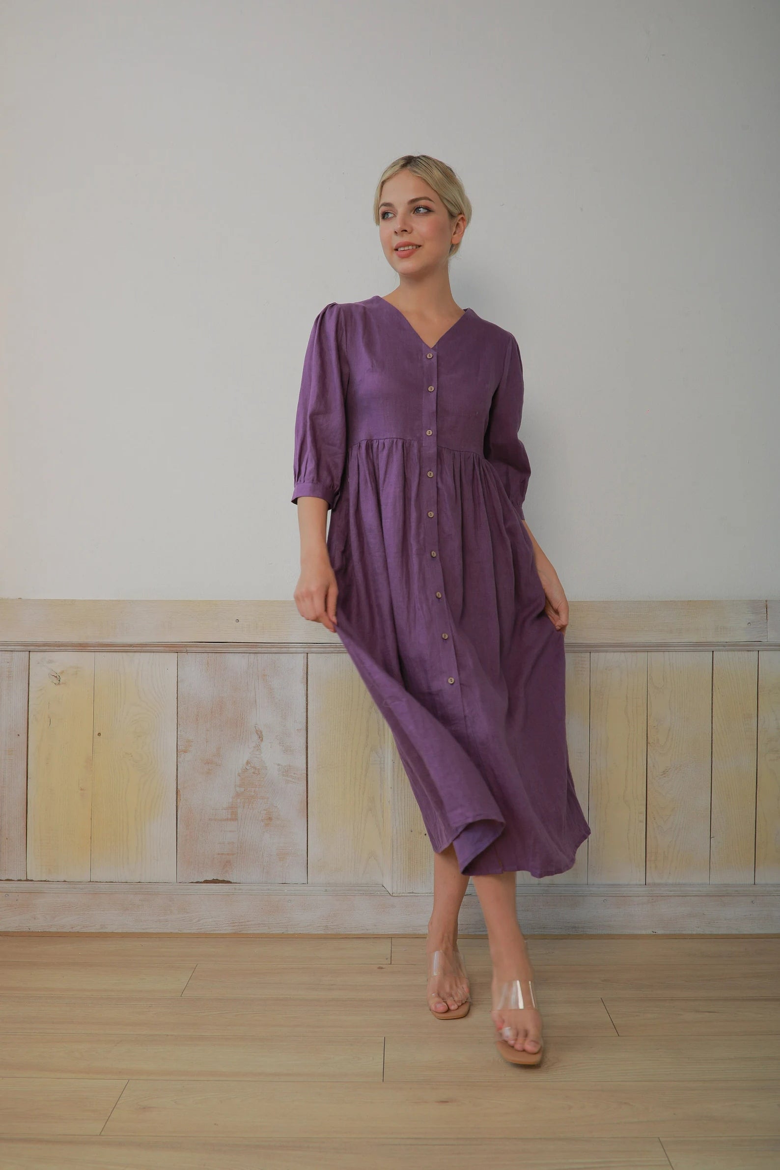 a line linen midi dress