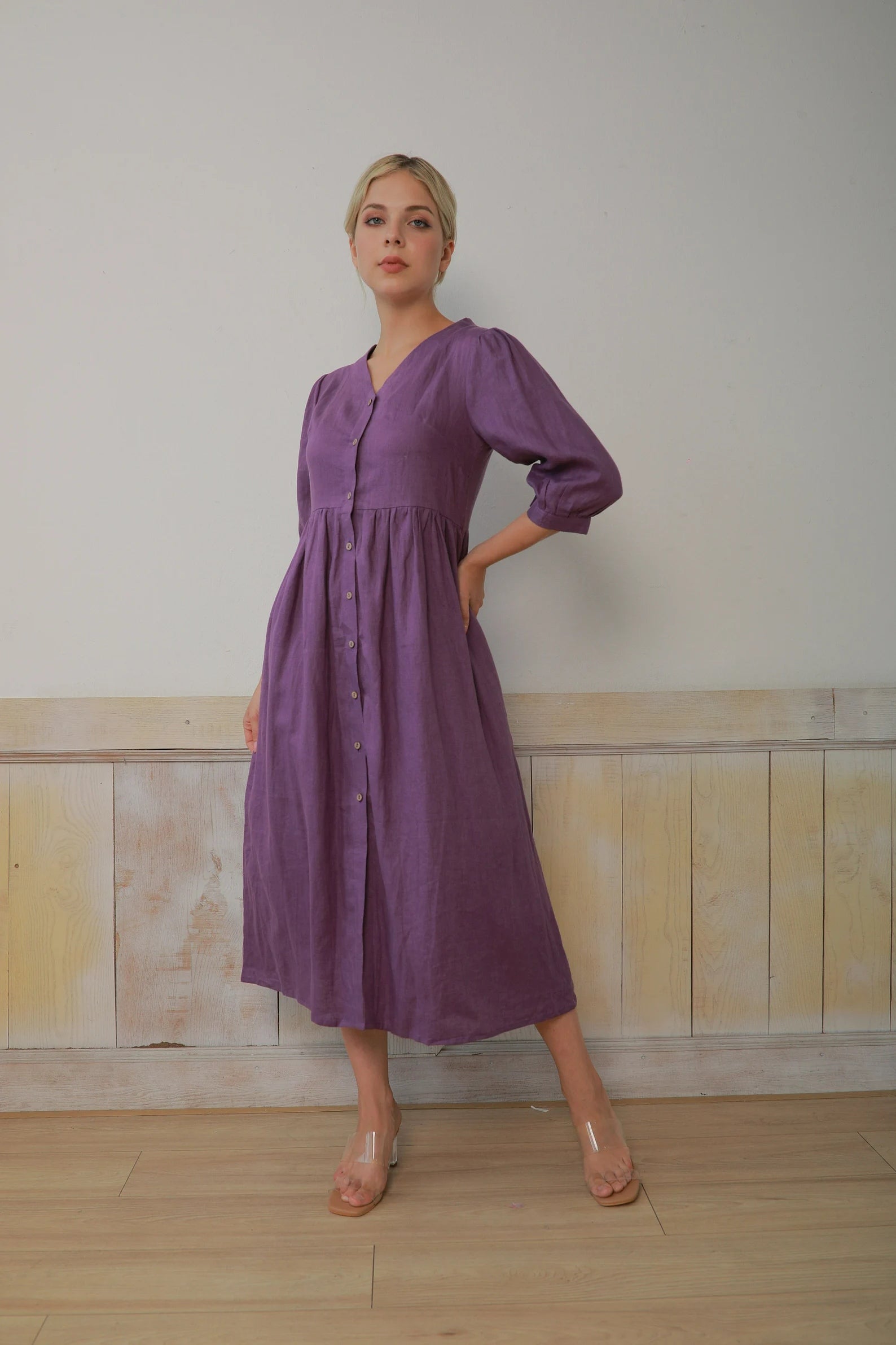 a line linen midi dress
