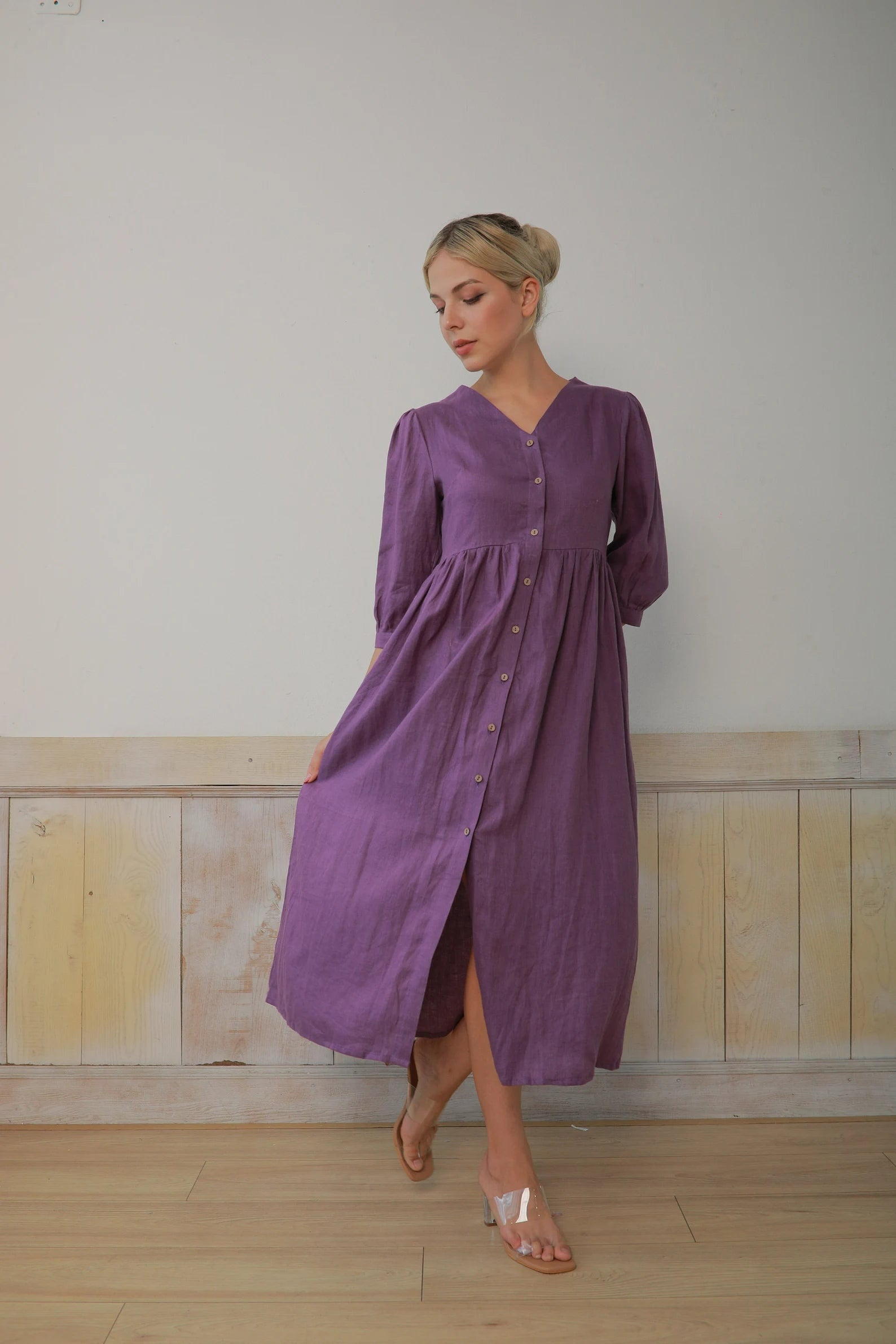 a line linen midi dress