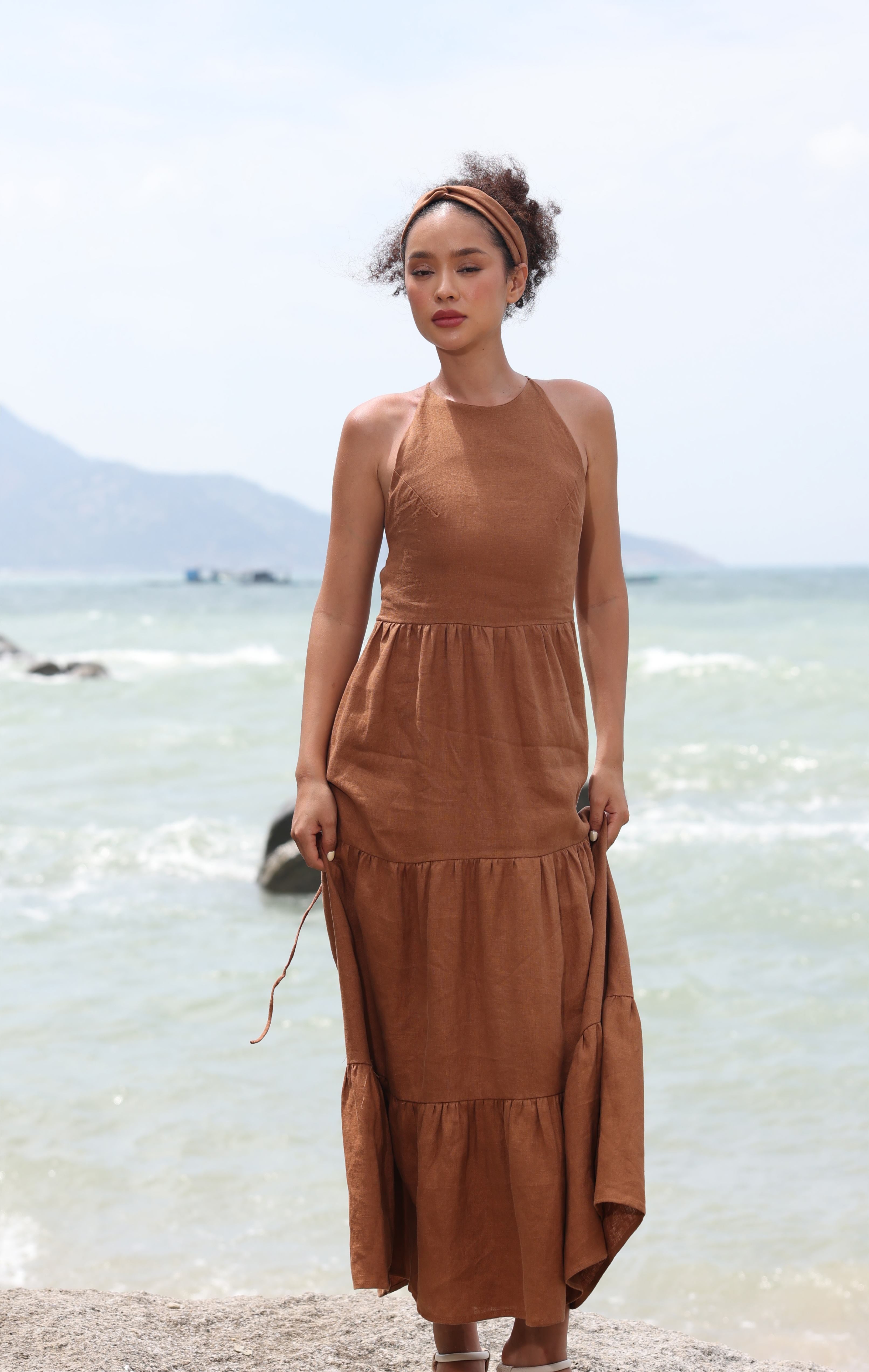 Backless halter linen maxi dress