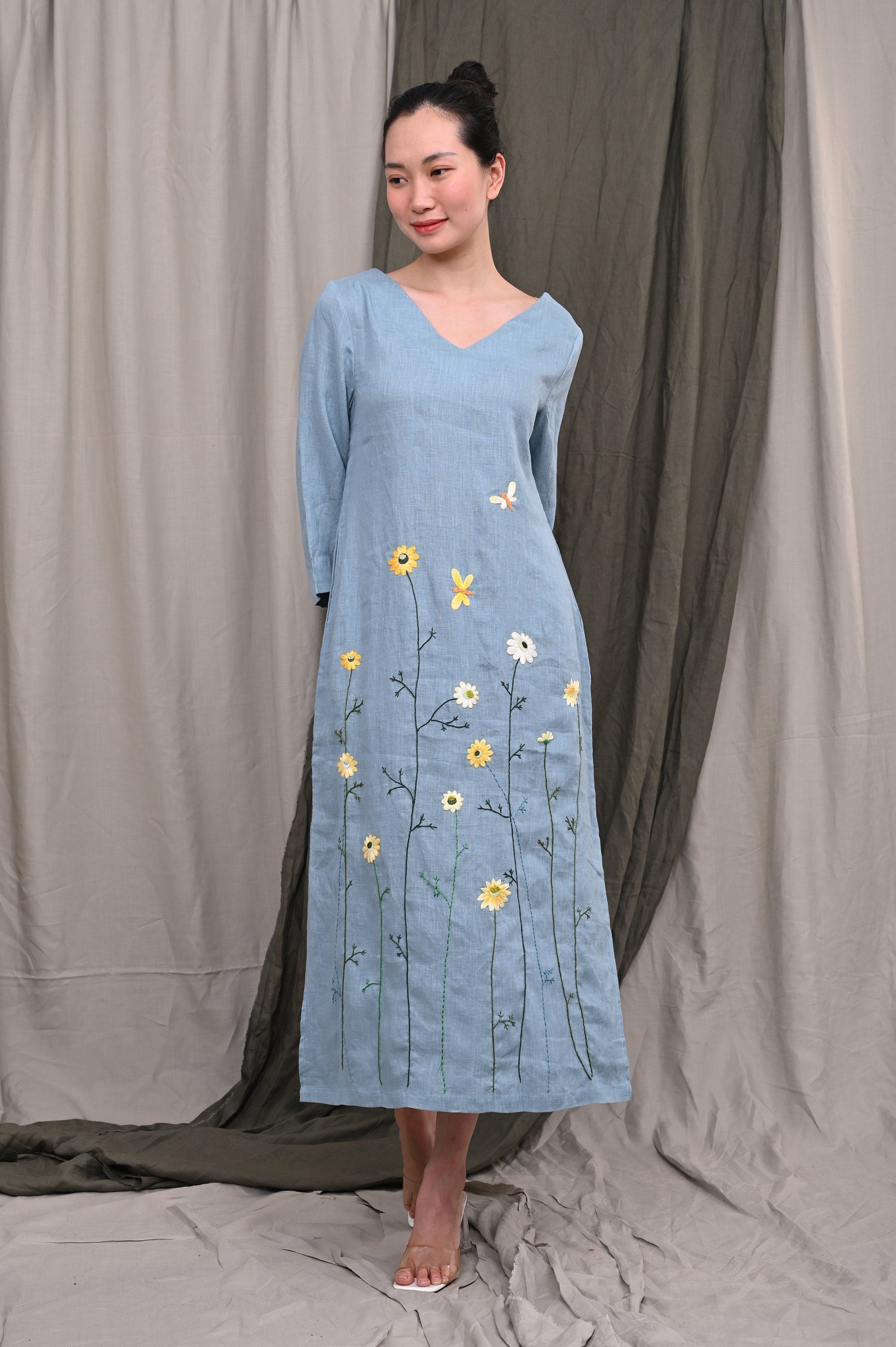 Blue embroidered linen dress