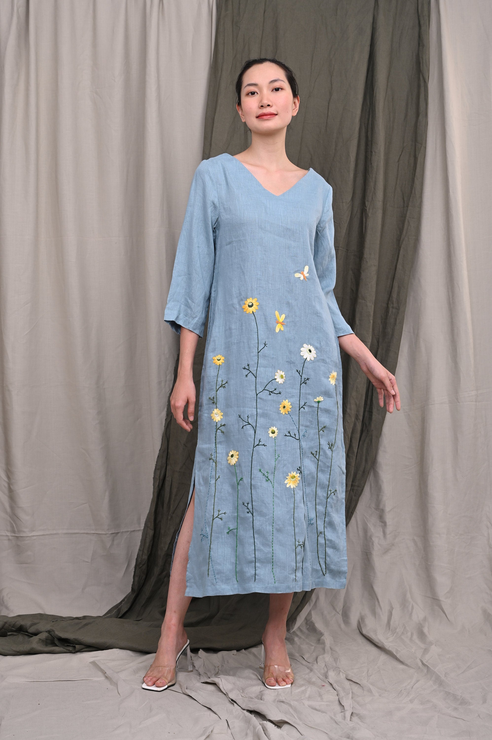 Blue embroidered linen dress
