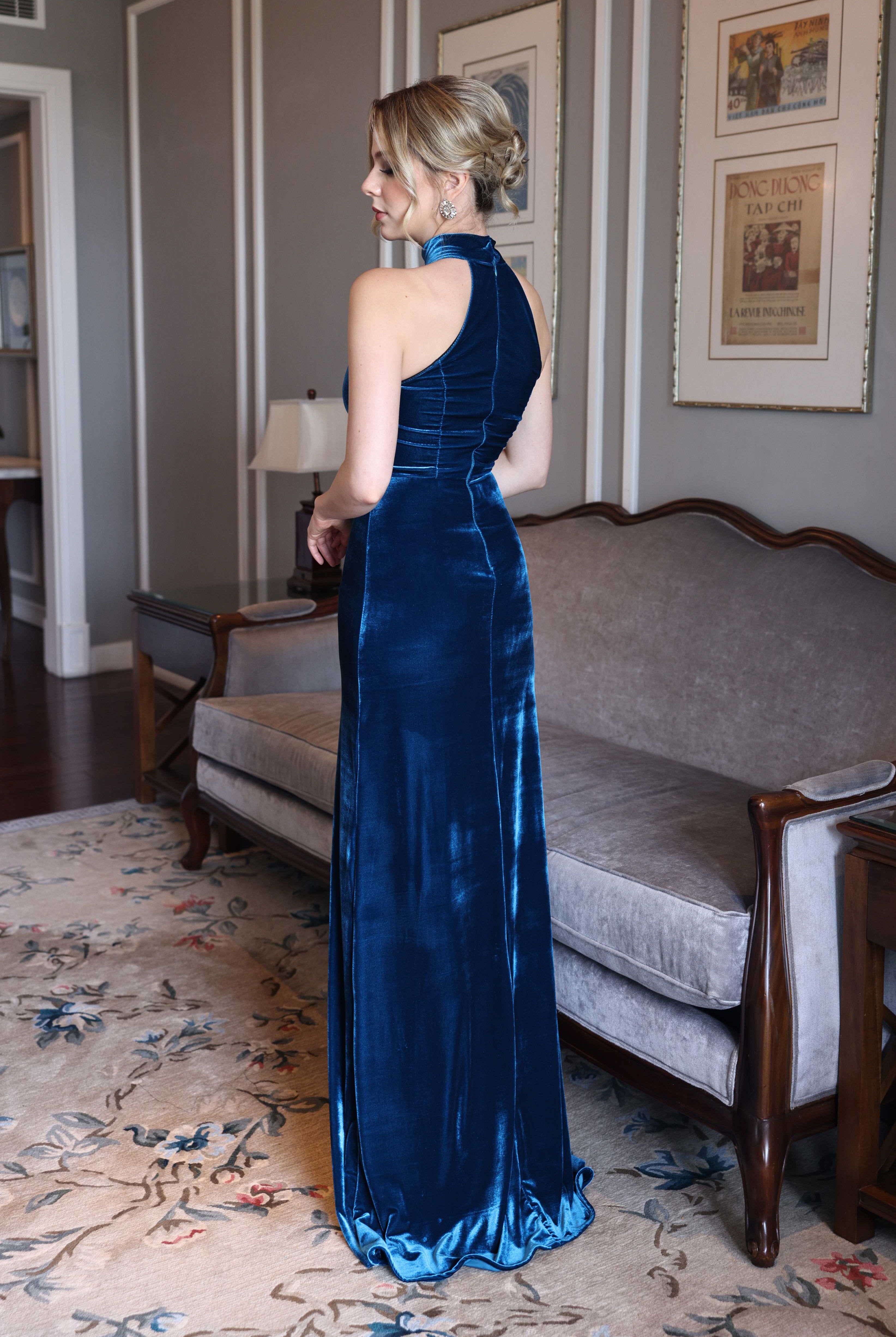 blue velvet halter neck dress