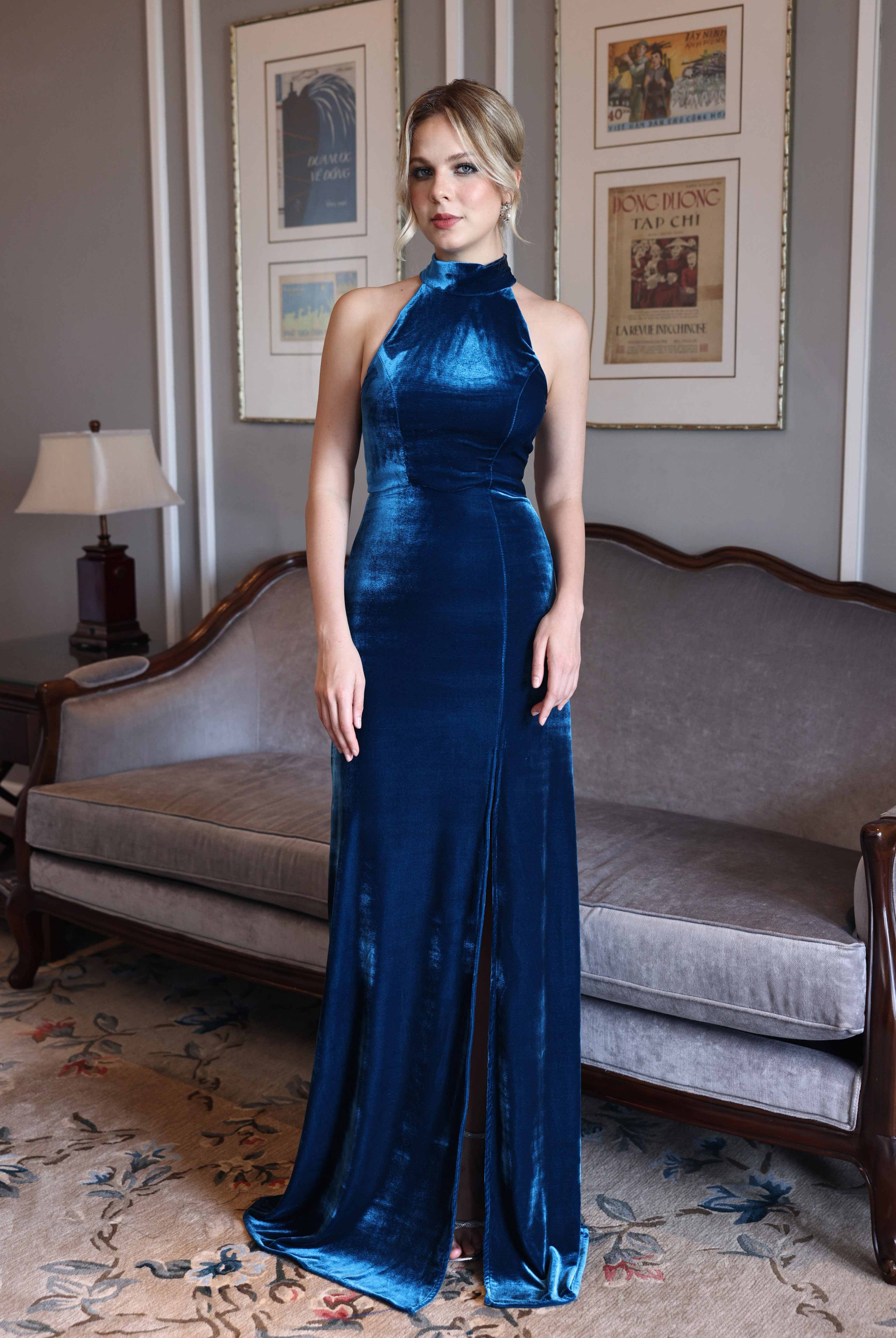blue velvet halter neck dress