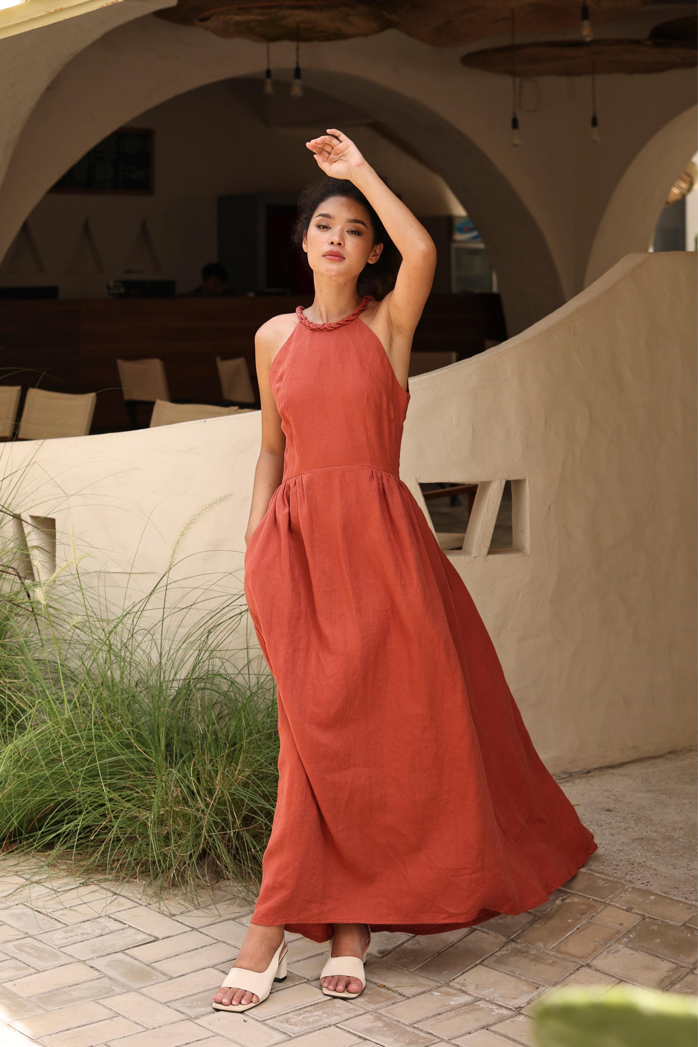Boho linen halter maxi dress