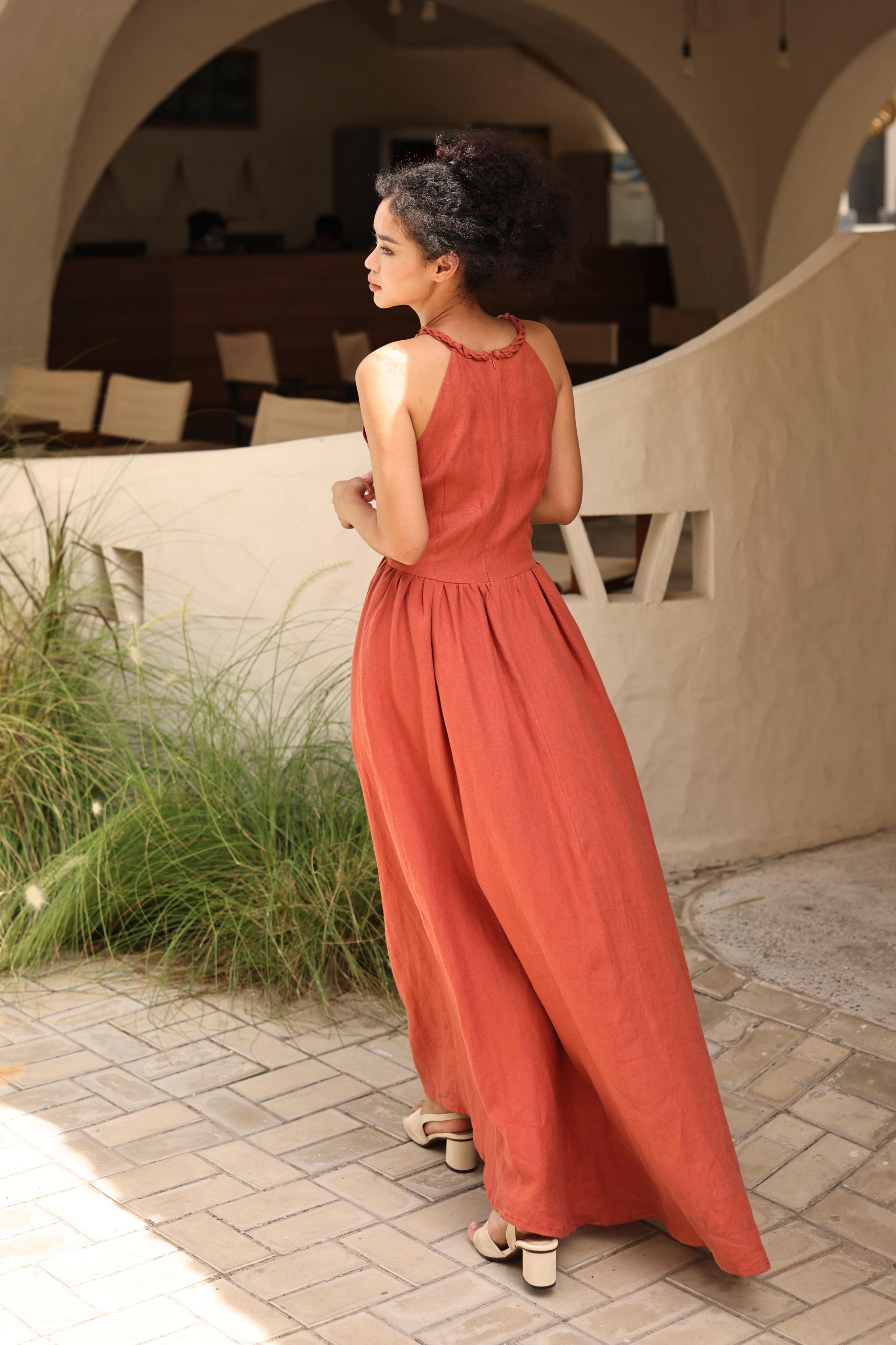 Boho linen halter maxi dress