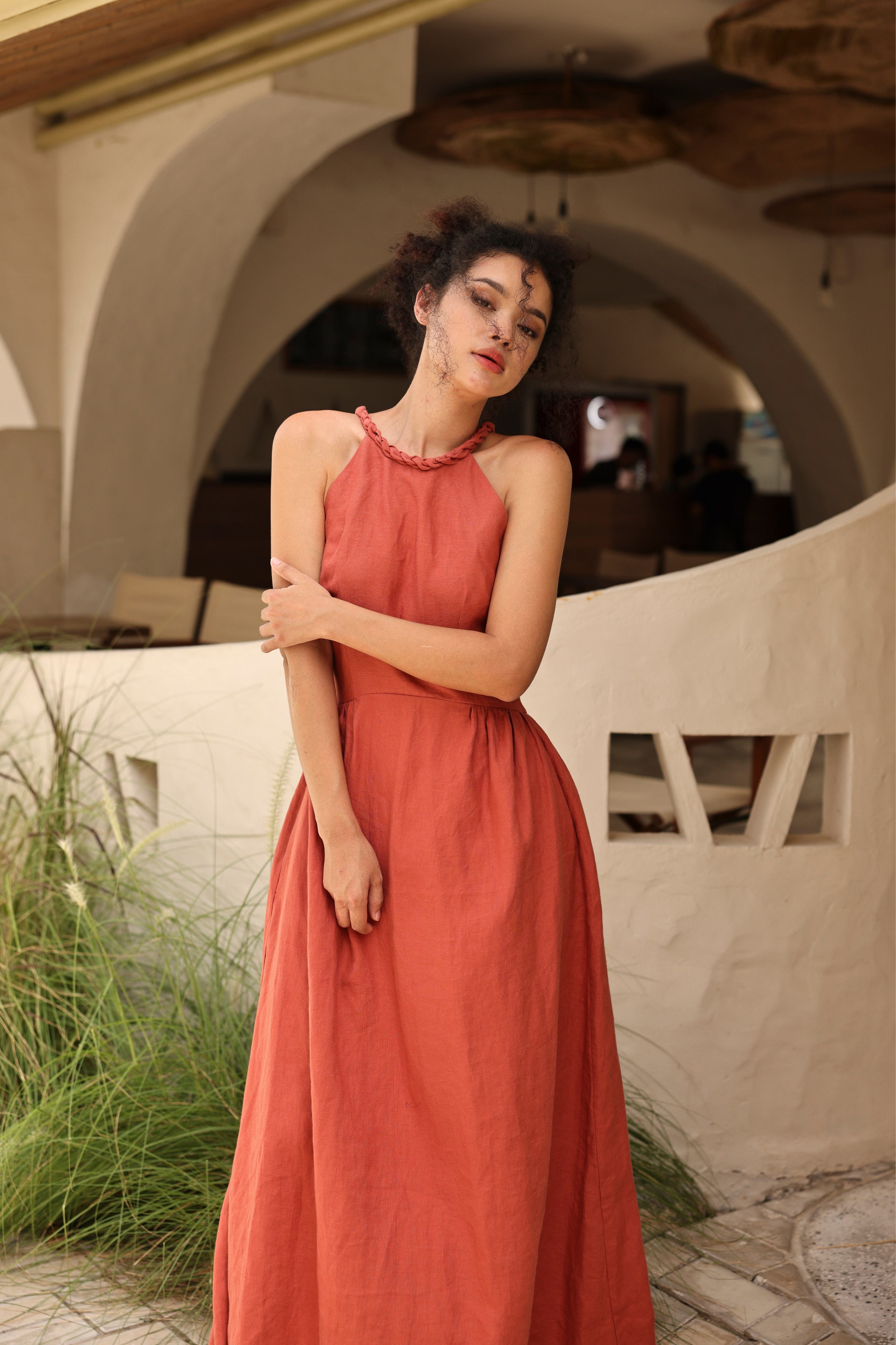 Boho linen halter maxi dress