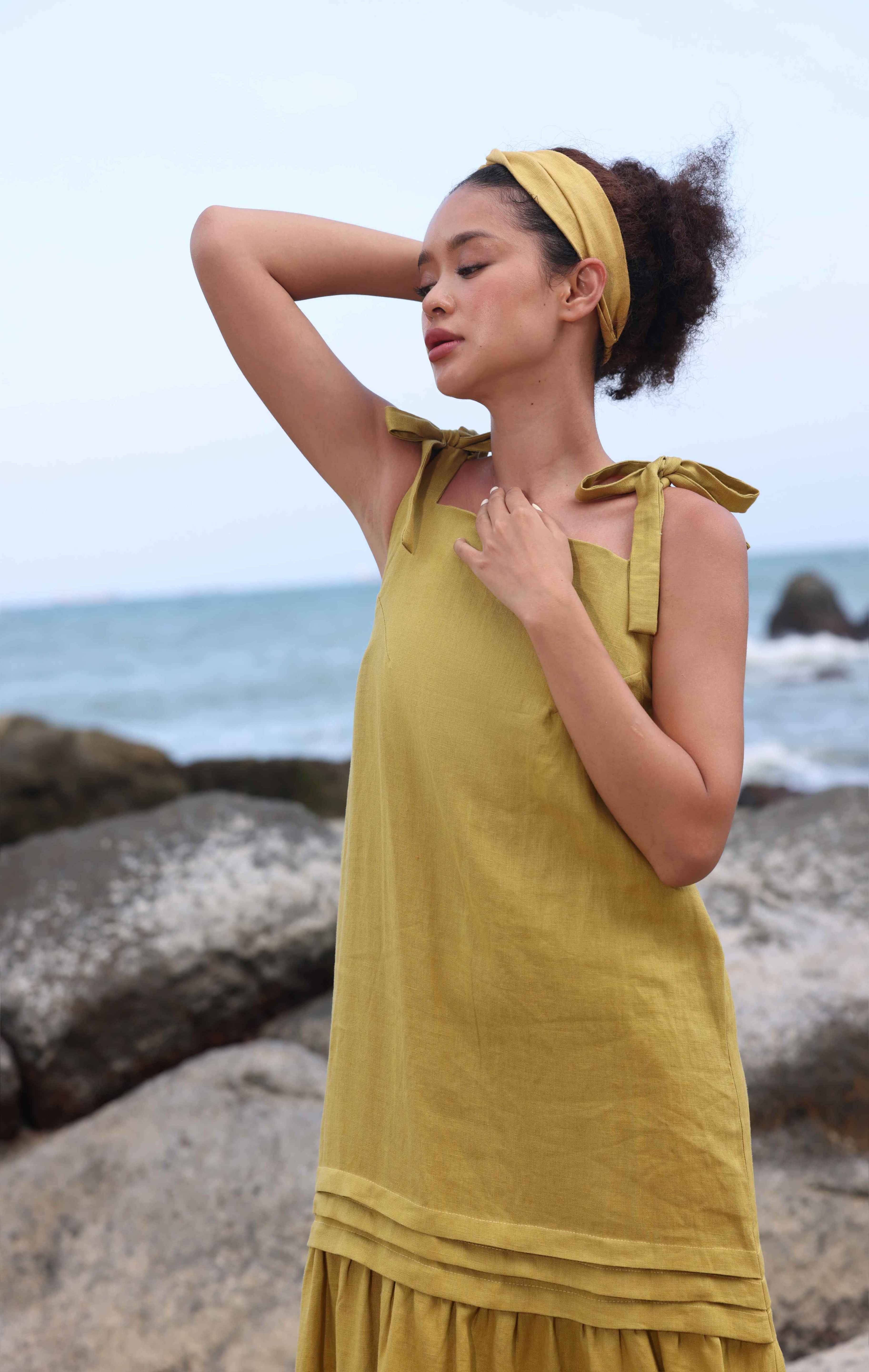 Bow shoulder linen dress