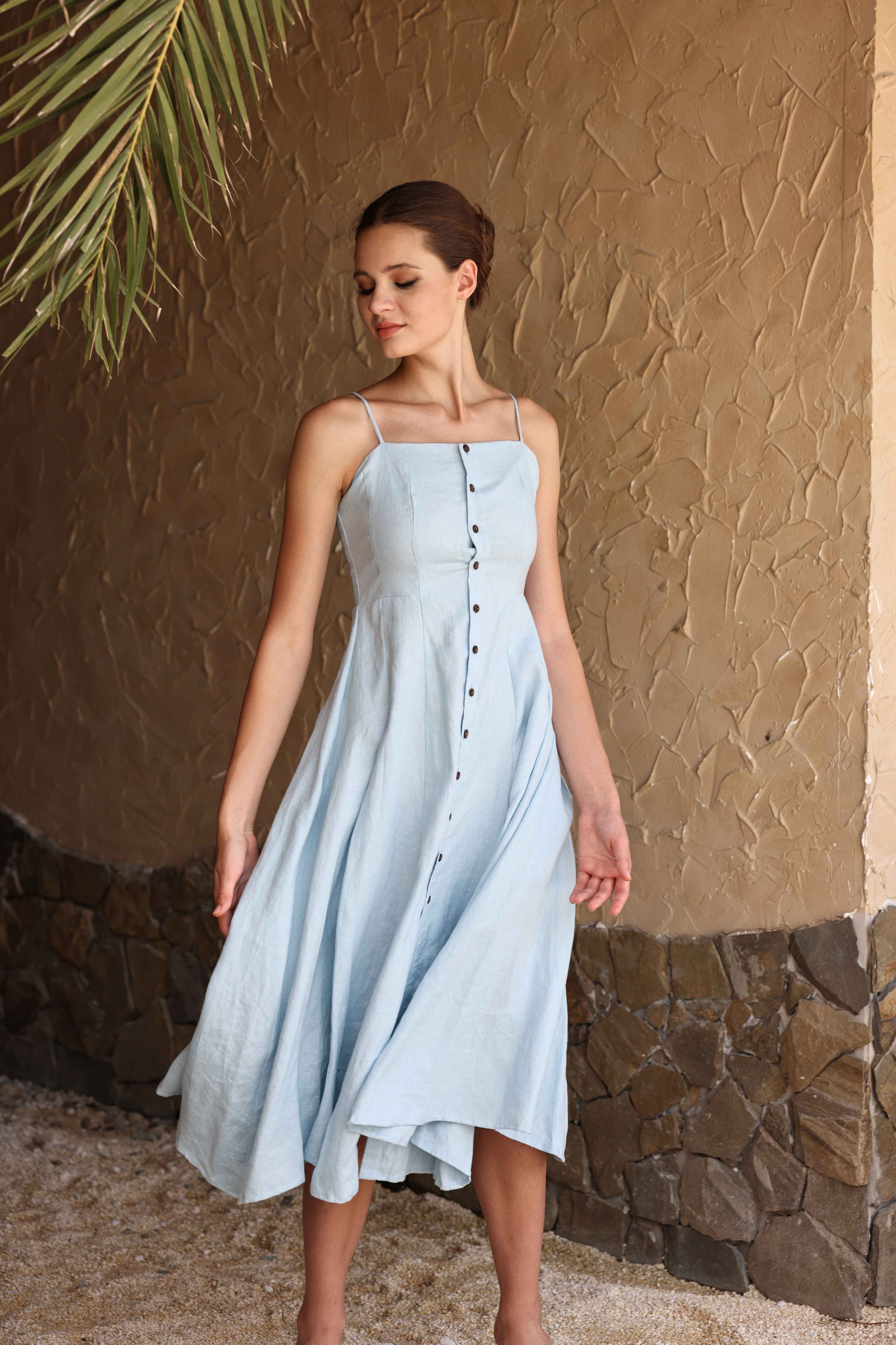 Button-down strap linen dress