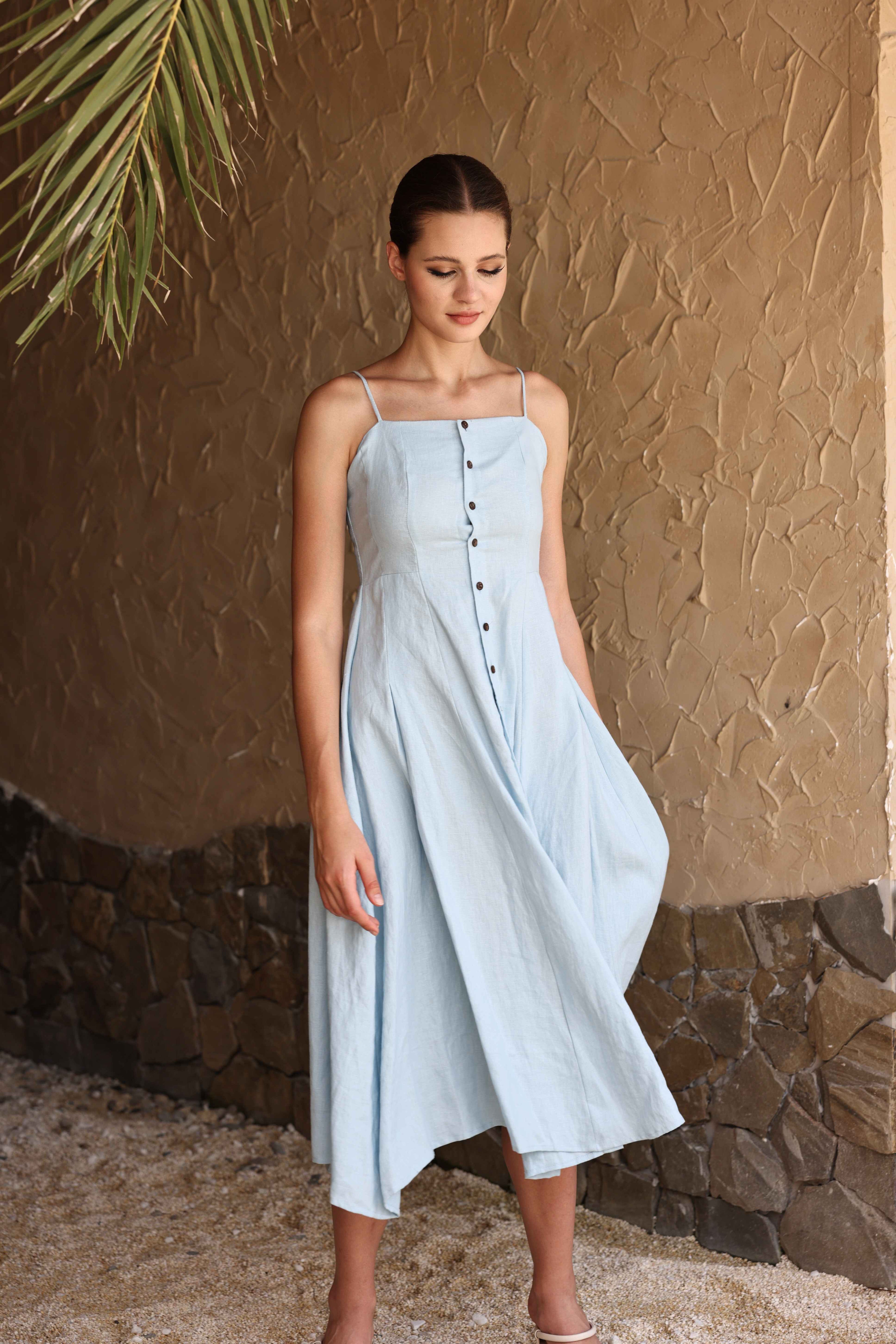 Button-down strap linen dress