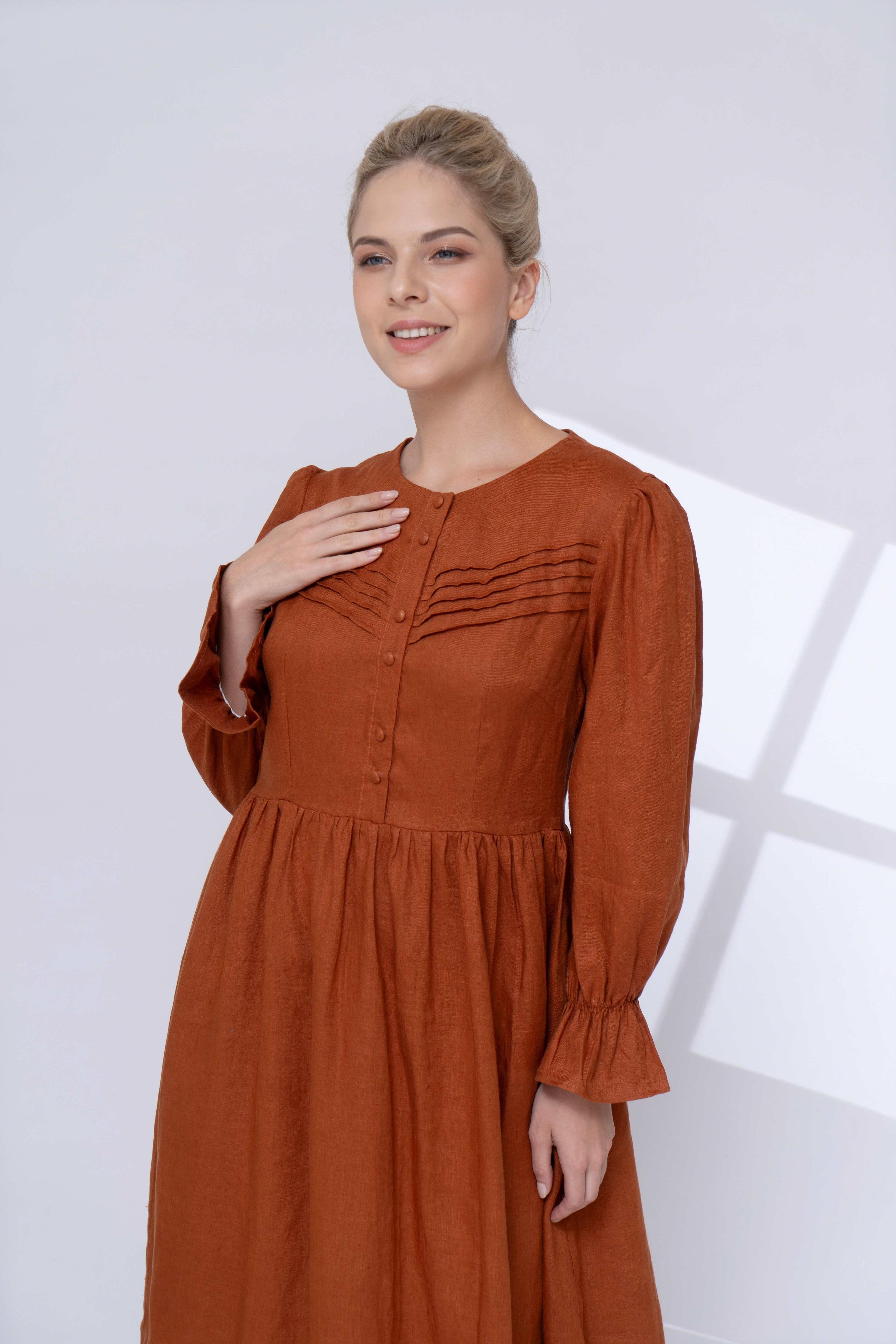 button front linen dress