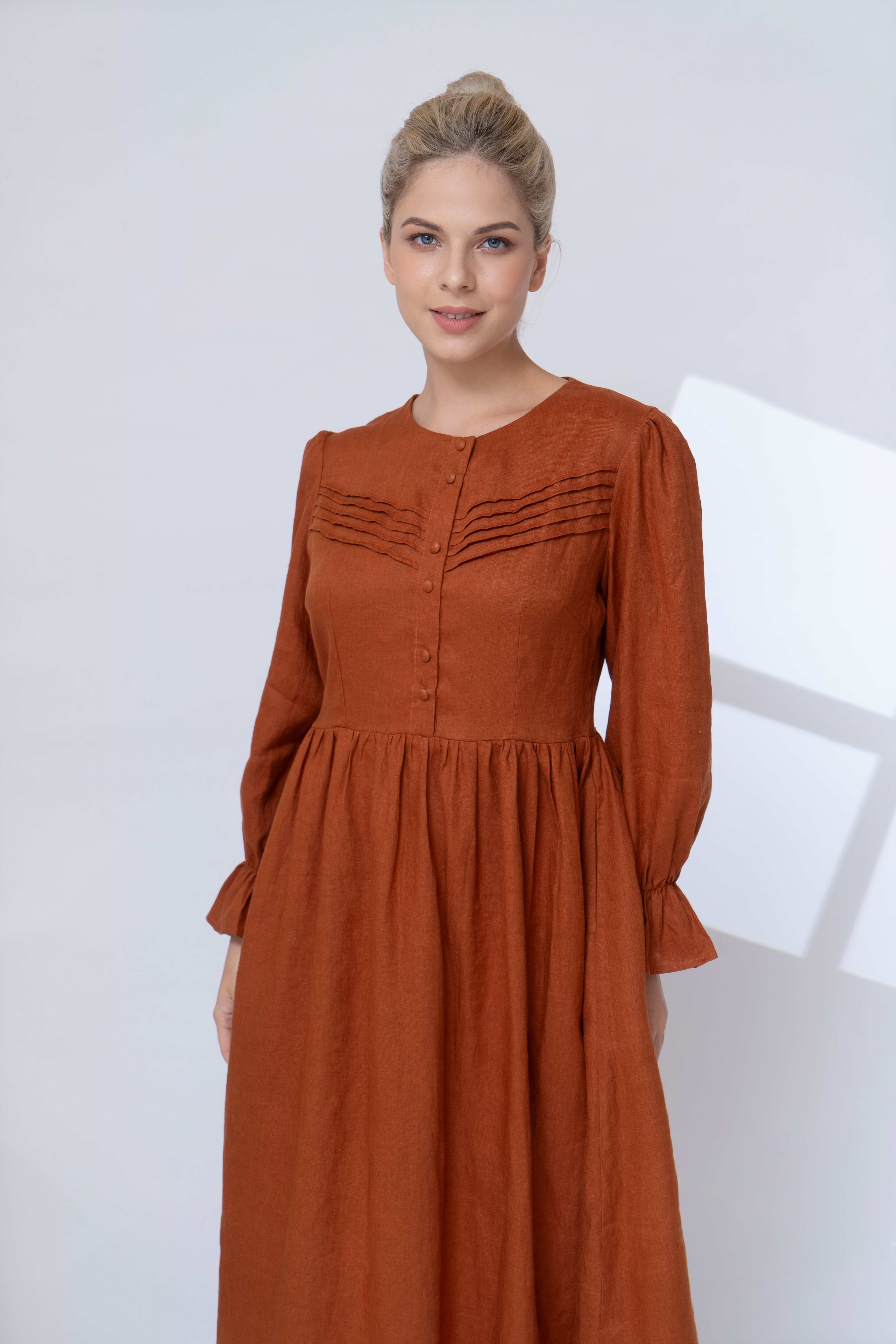 button front linen dress