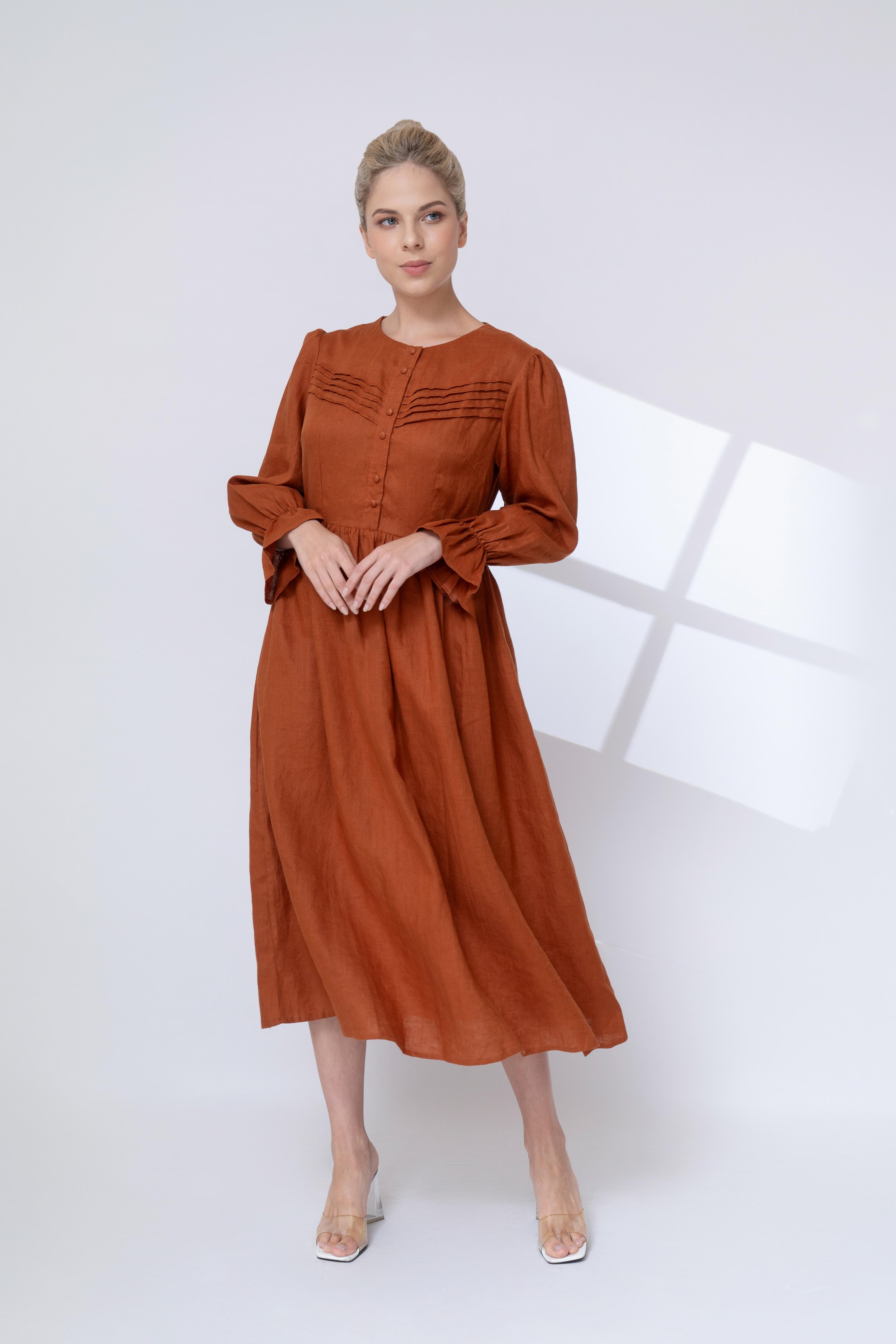 button front linen dress