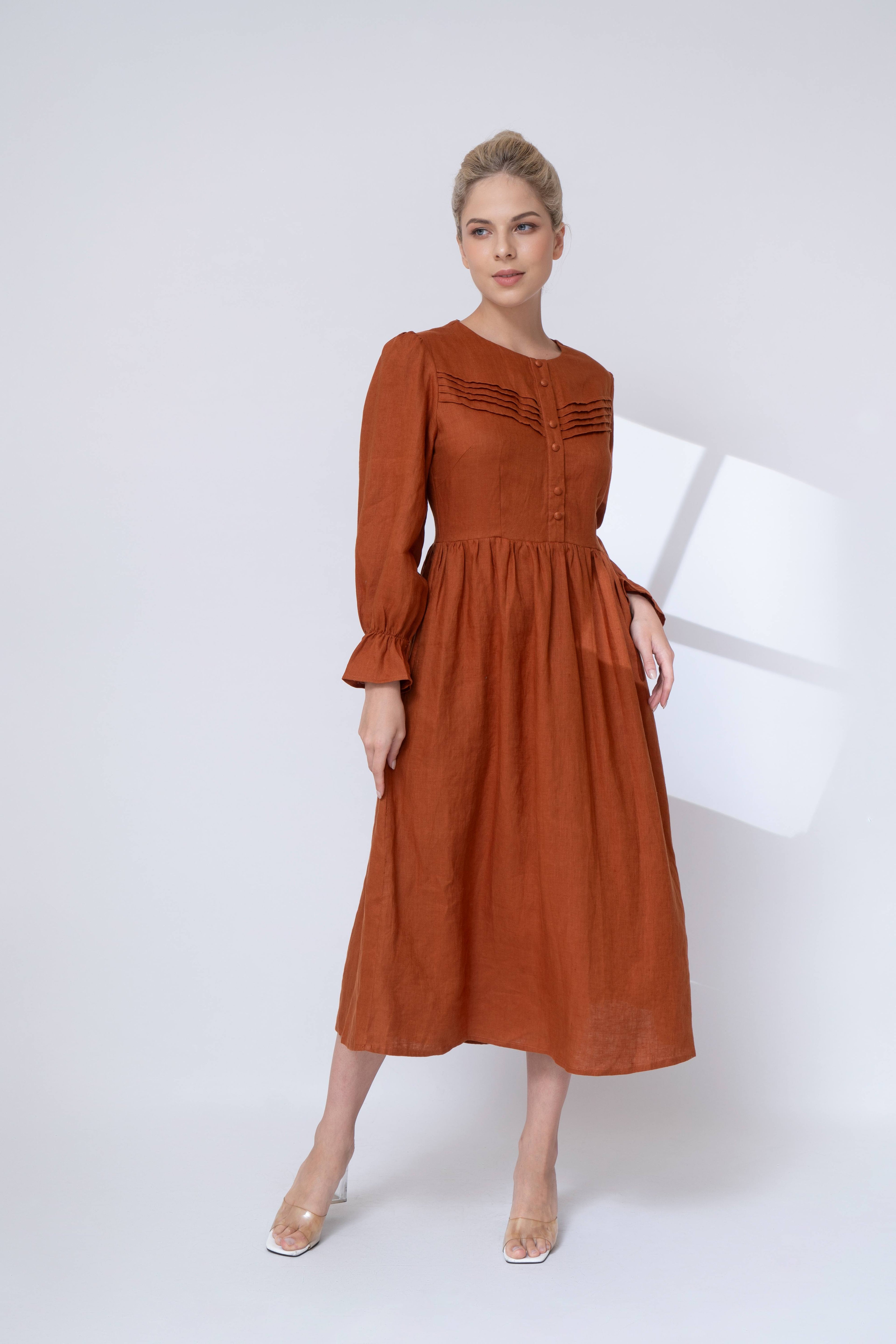 button front linen dress