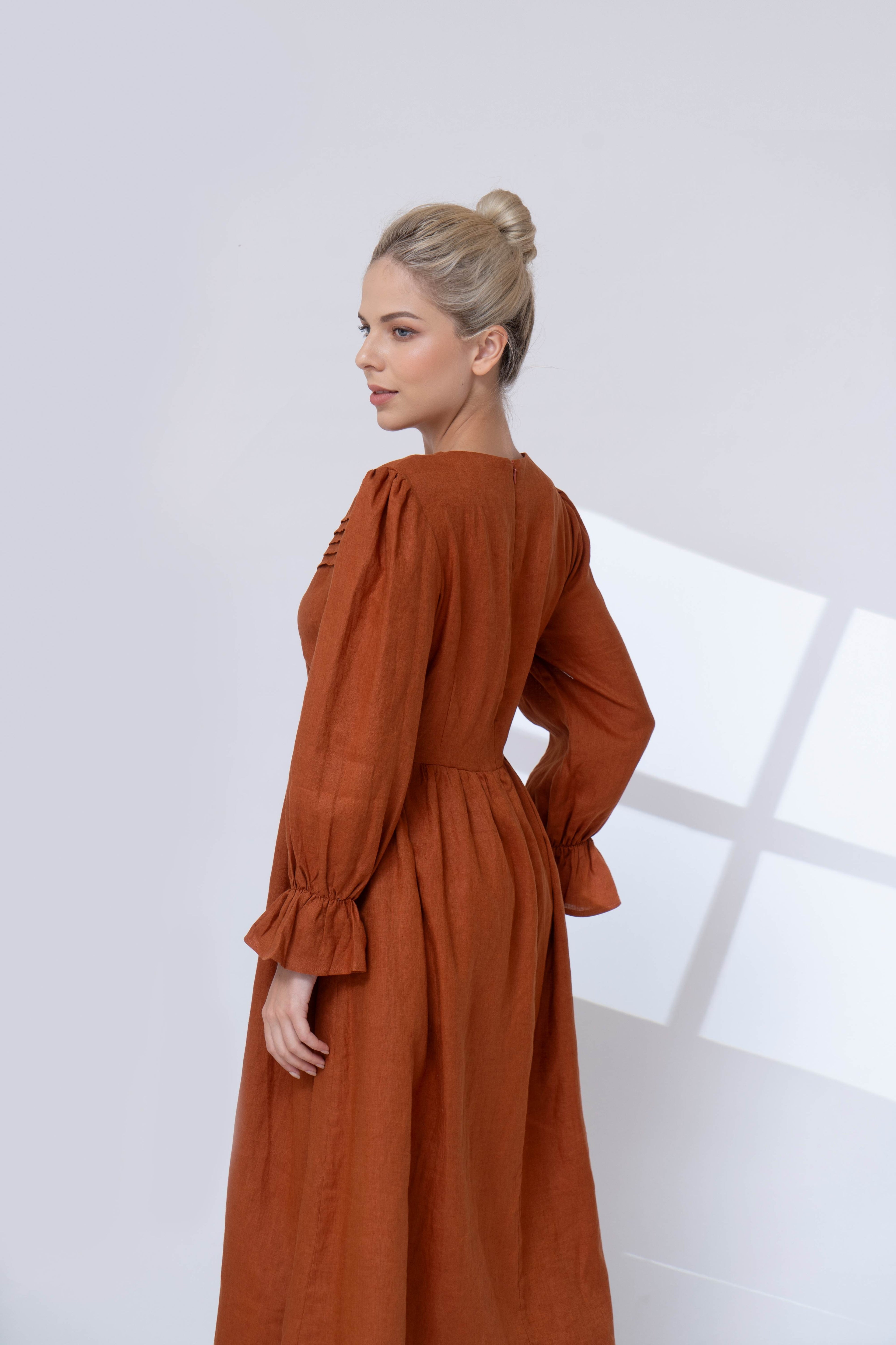 button front linen dress