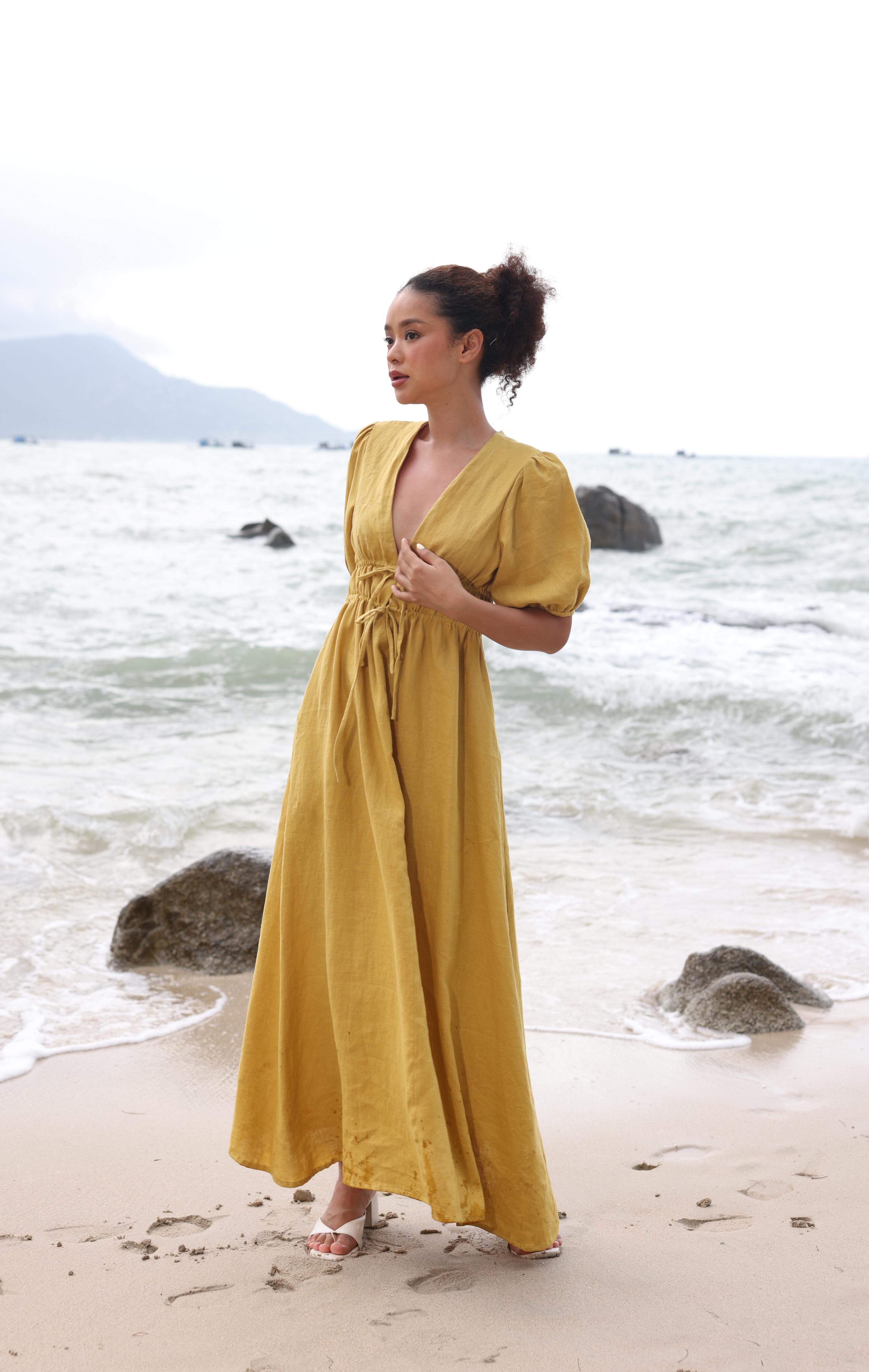 Drawstring linen maxi dress