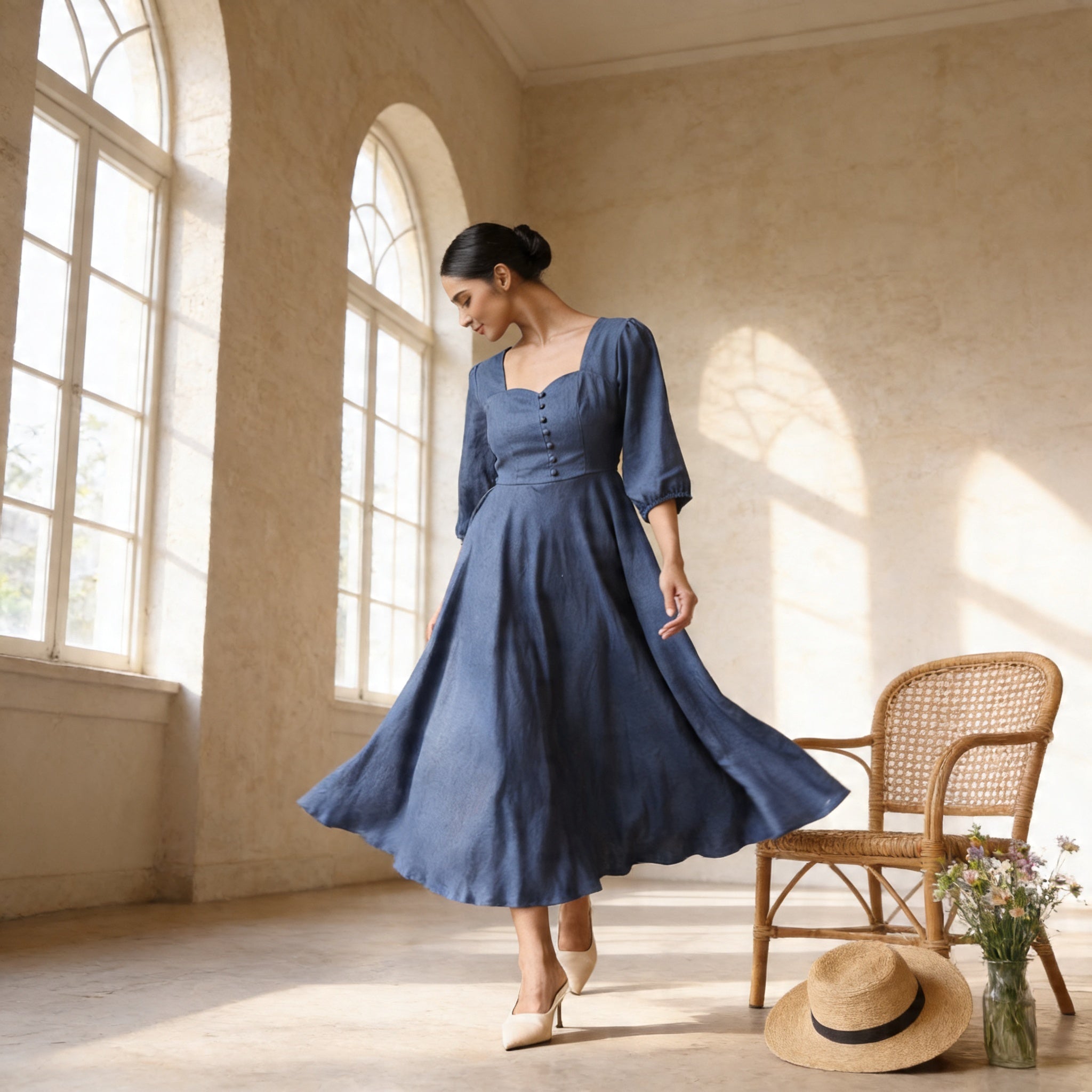 A woman in a blue dress stands in a room with arched windows, her hair pulled back in a bun. A straw hat and a vase of flowers are placed nearby, and a chair is visible in the background.