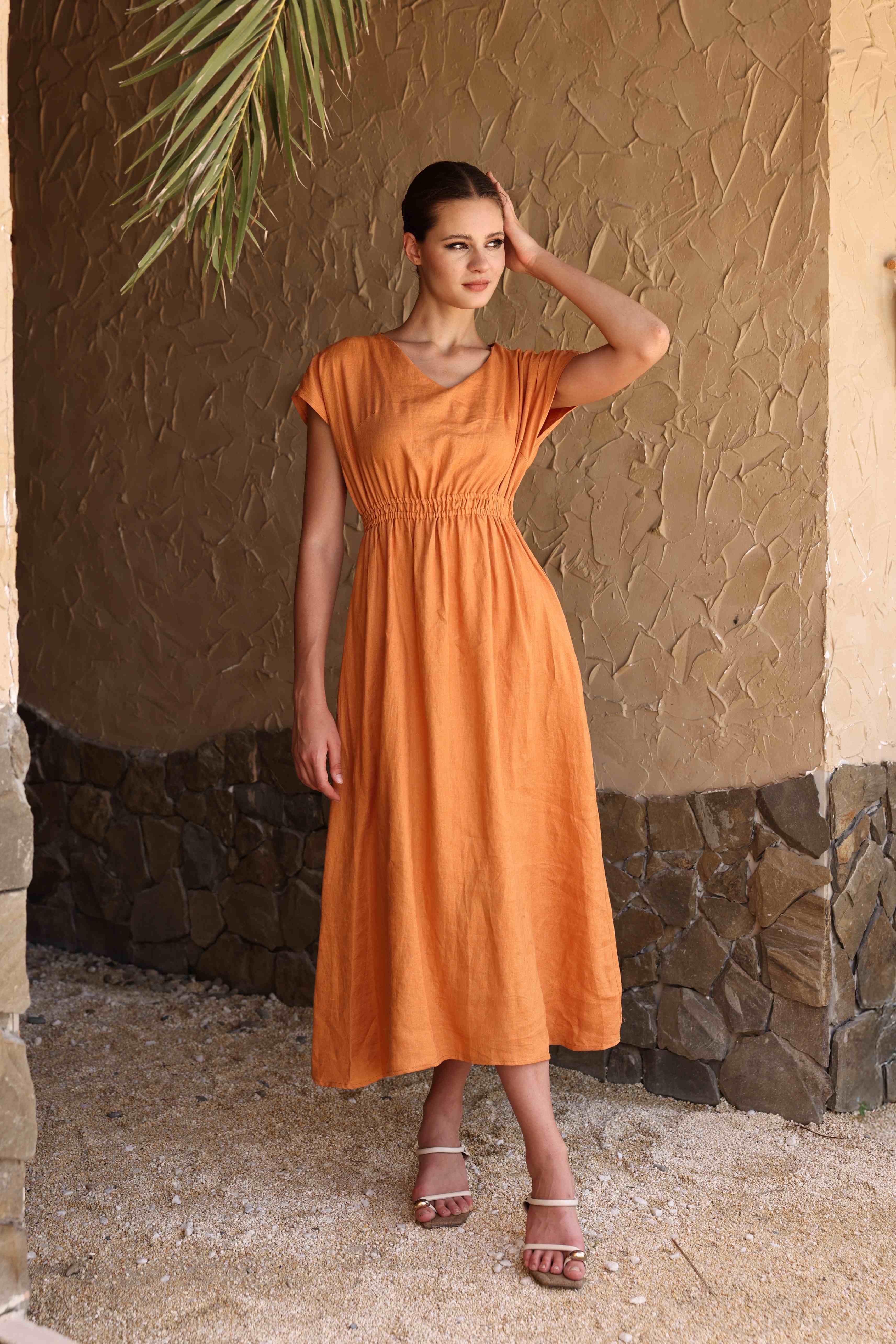 Elastic waist linen midi dress