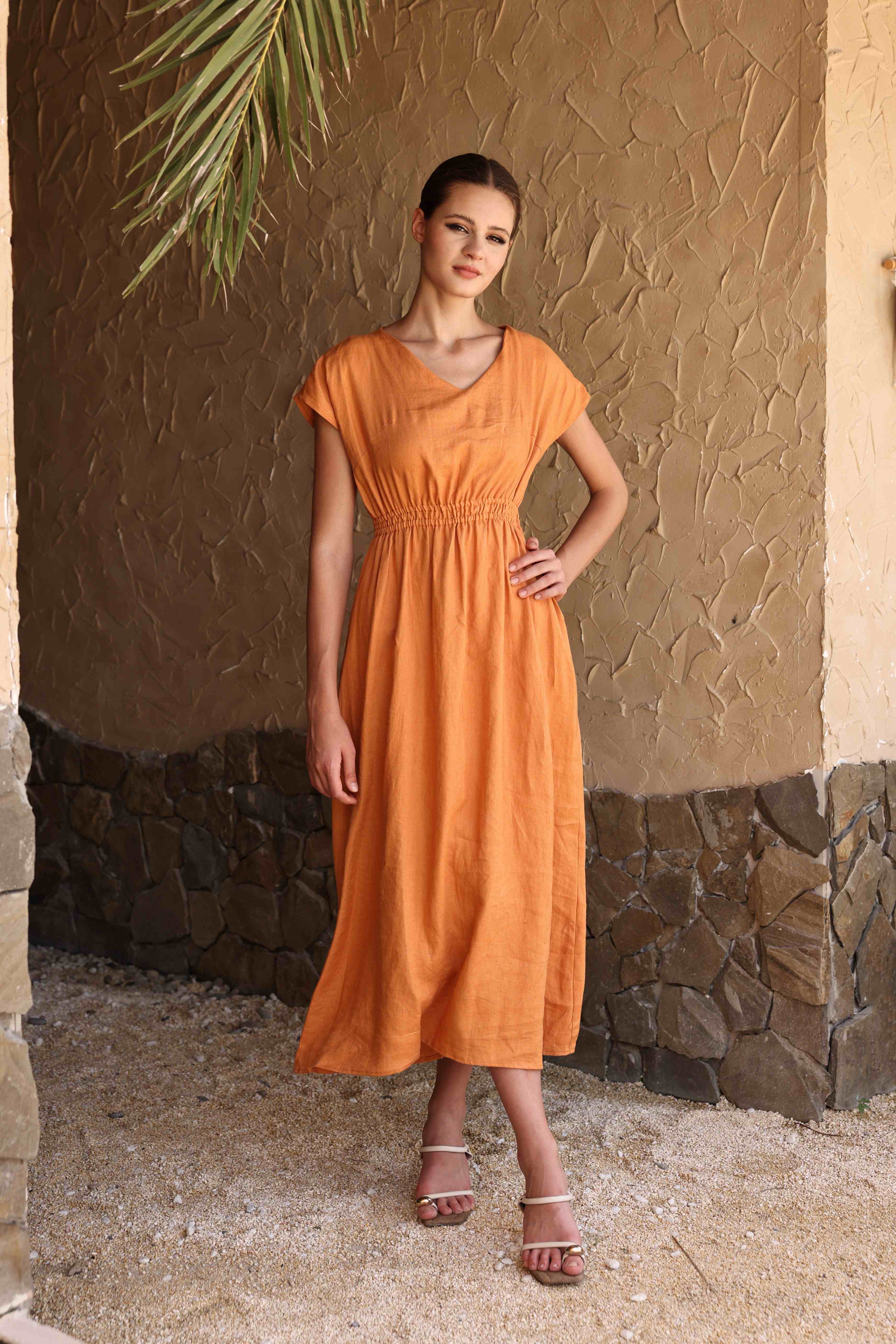 Elastic waist linen midi dress