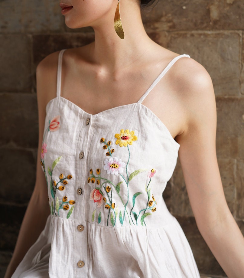 Embroidered button front linen dress