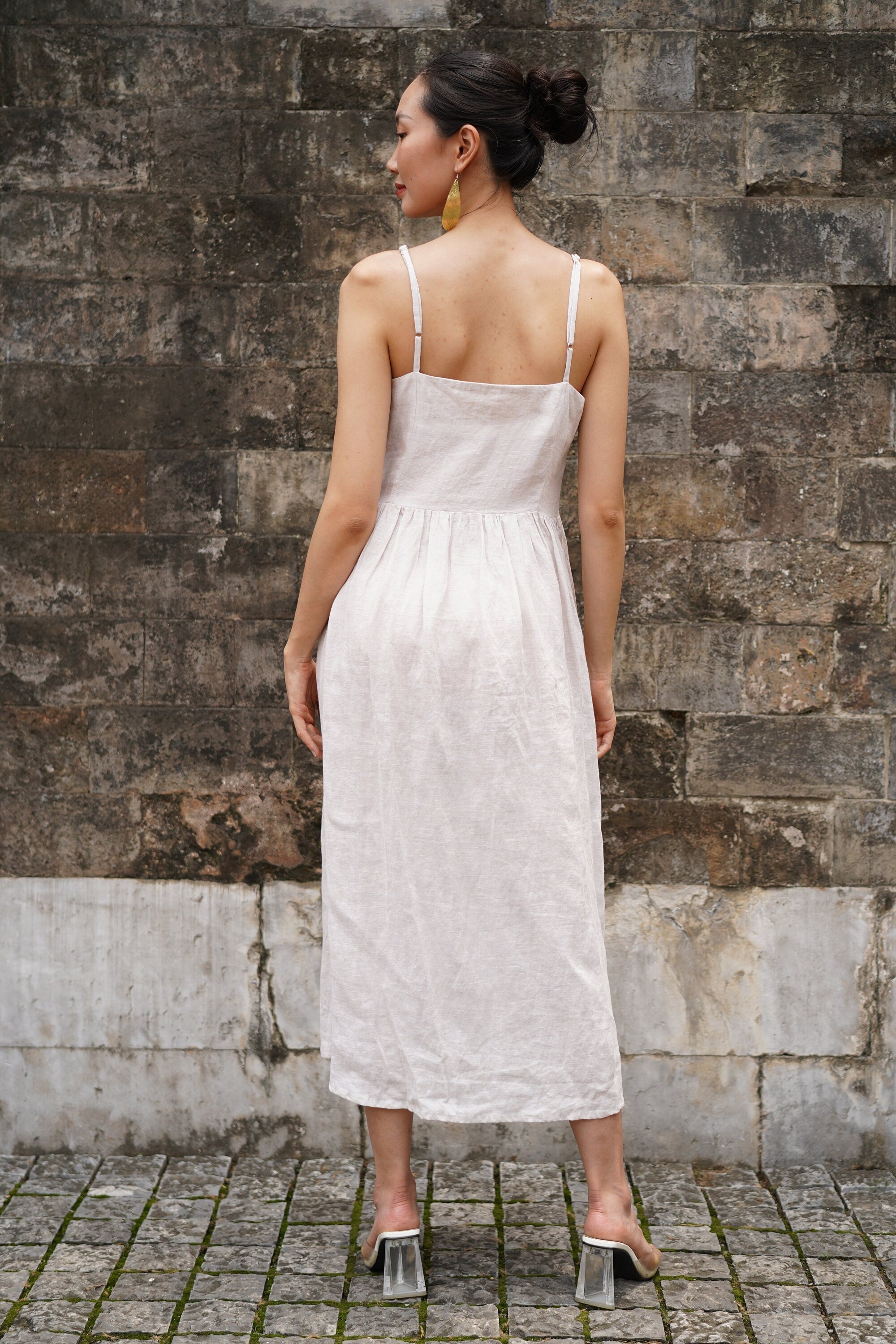 Embroidered button front linen dress