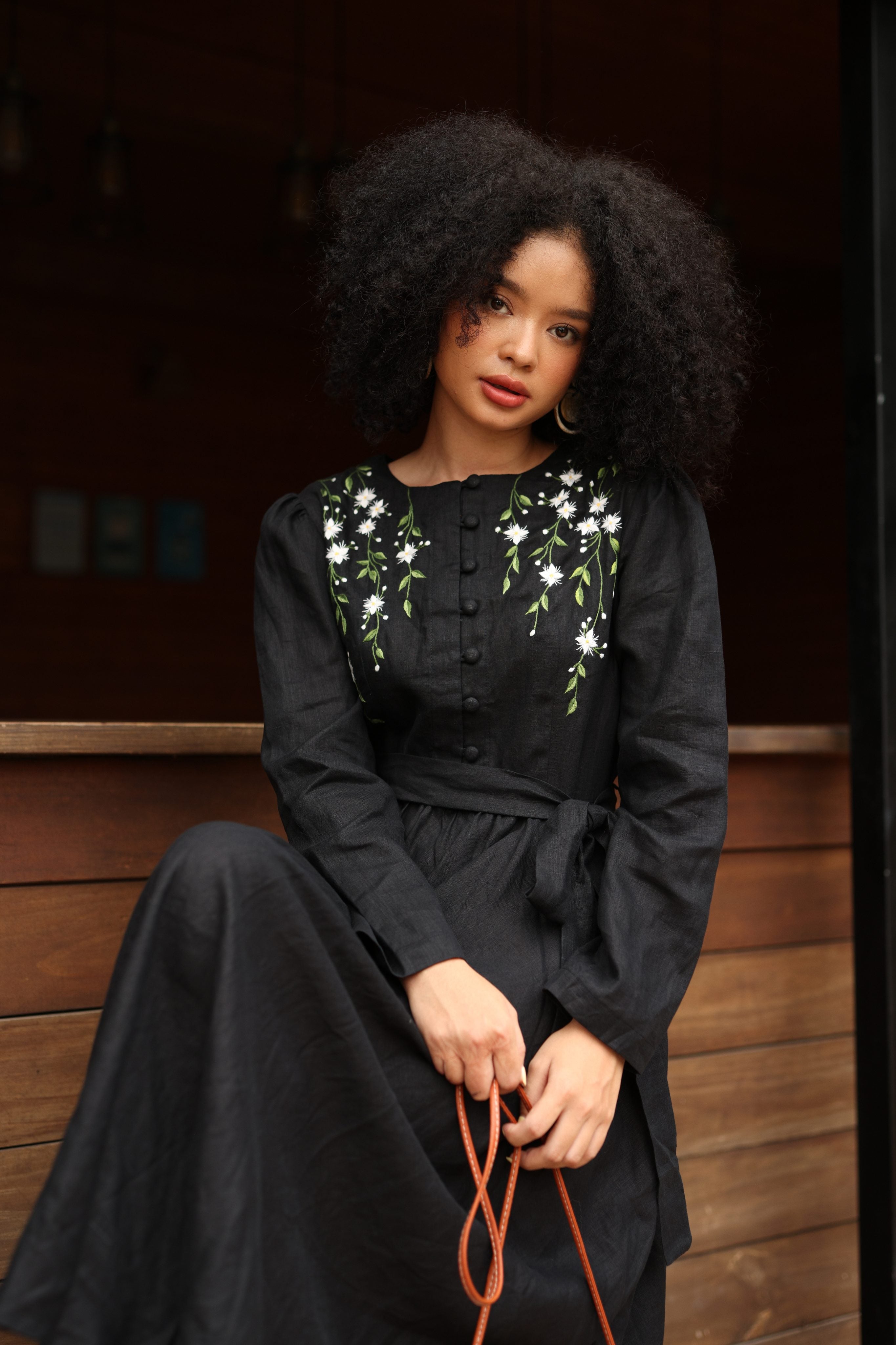 Hand-embroidered linen long sleeve dress