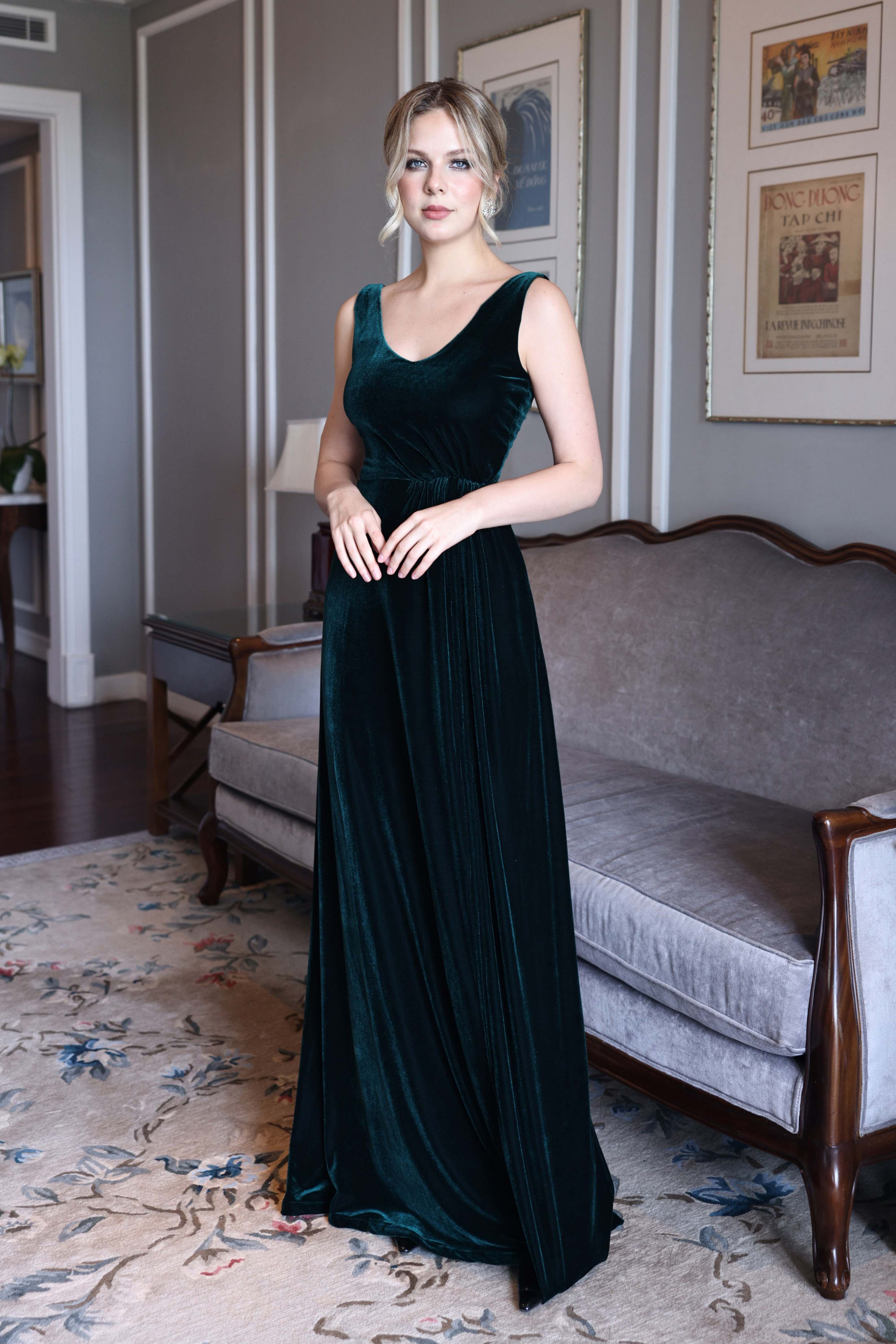 Emerald green velvet evening gown