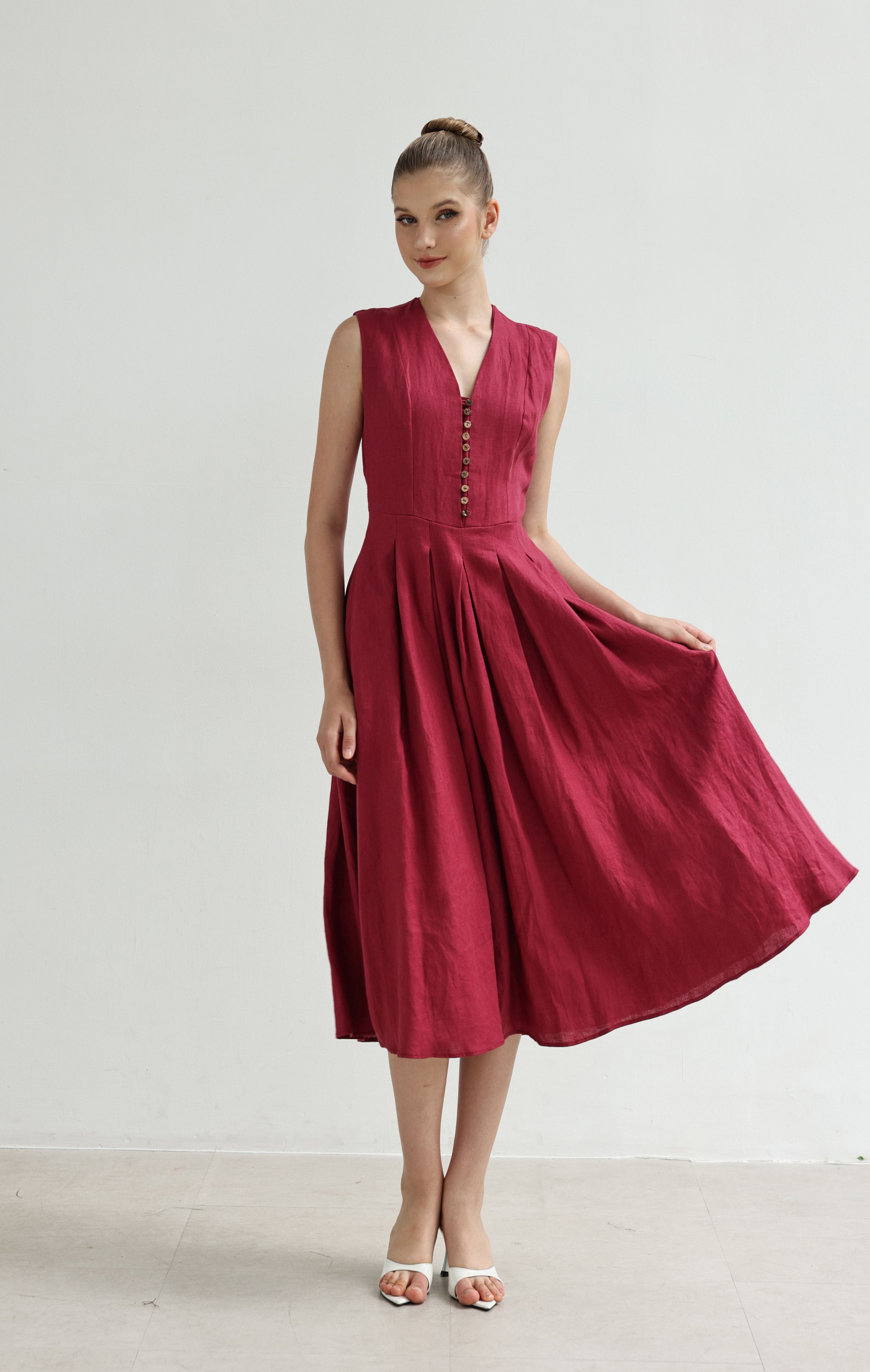 Flared linen midi dress
