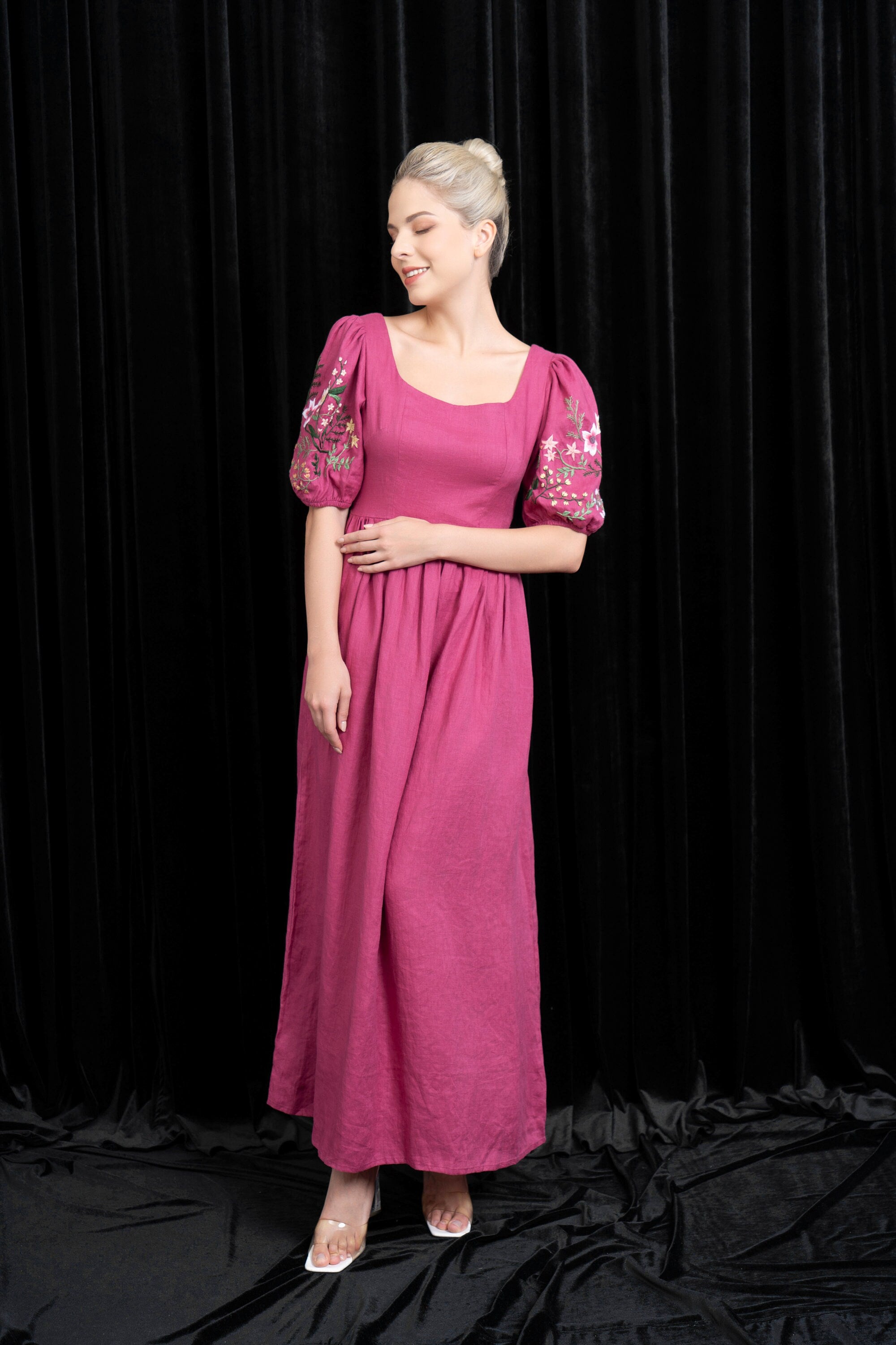 Floral embroidered linen dress