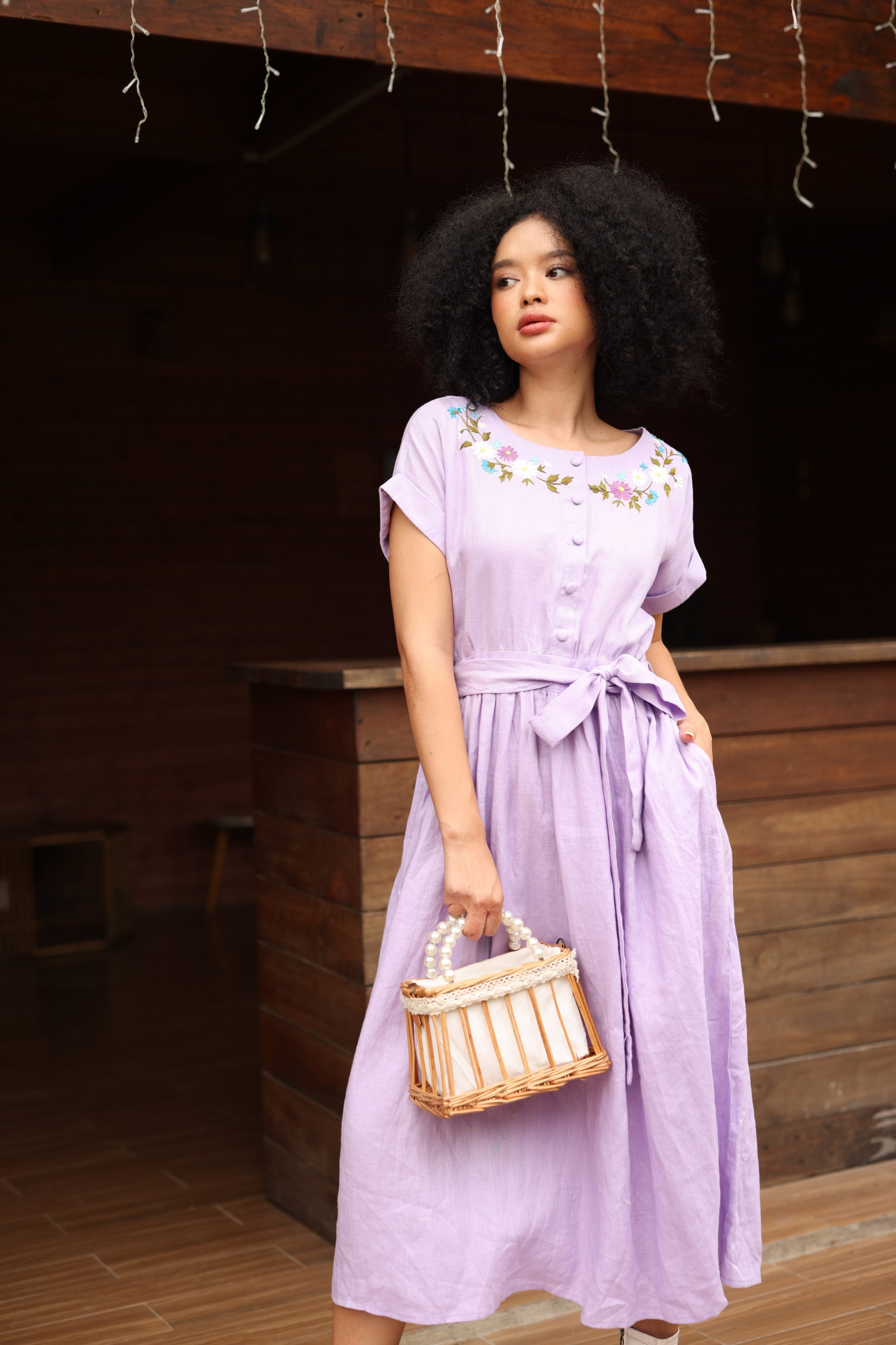 Floral embroidered linen midi dress