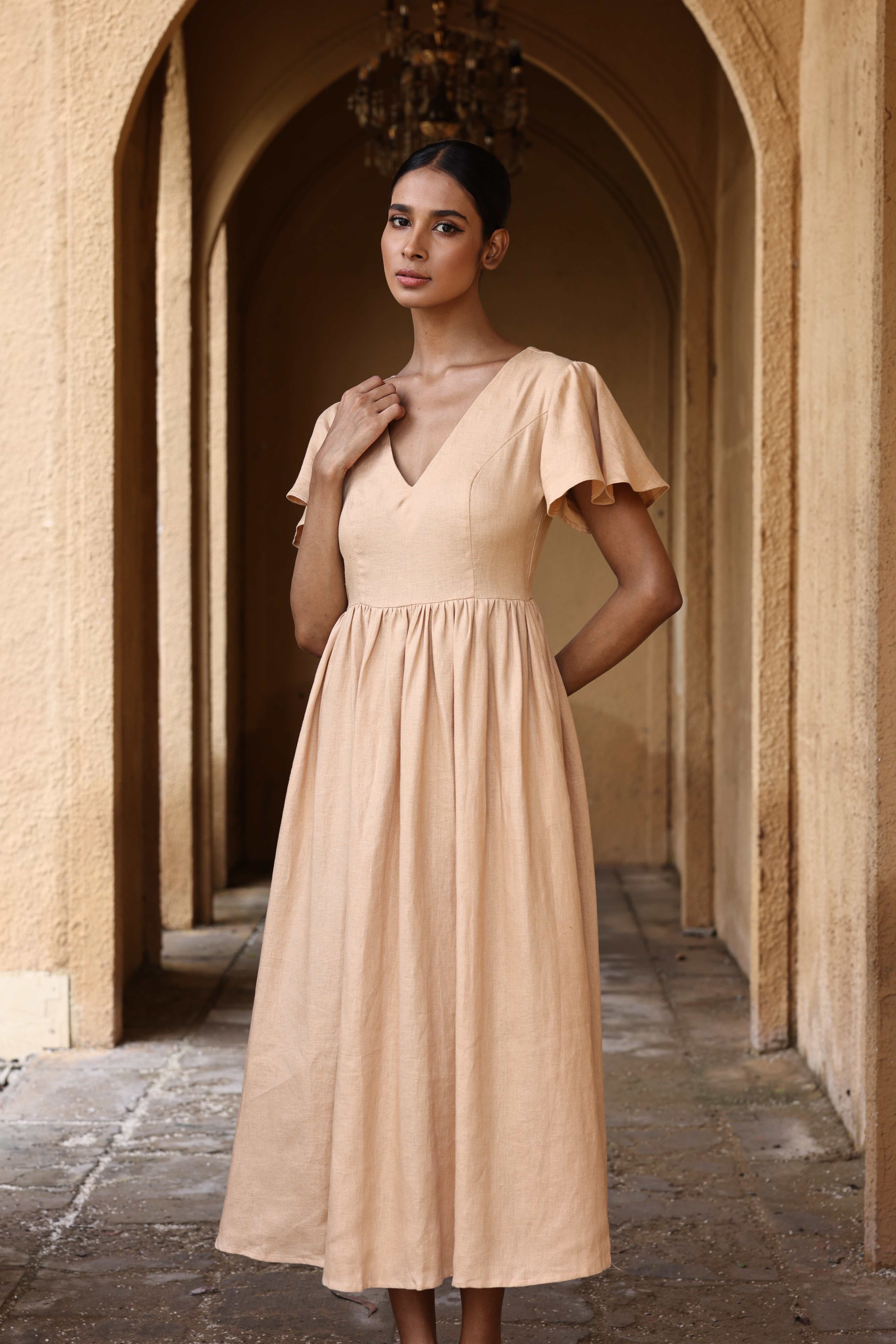 Linen flutter sleeve midi dress