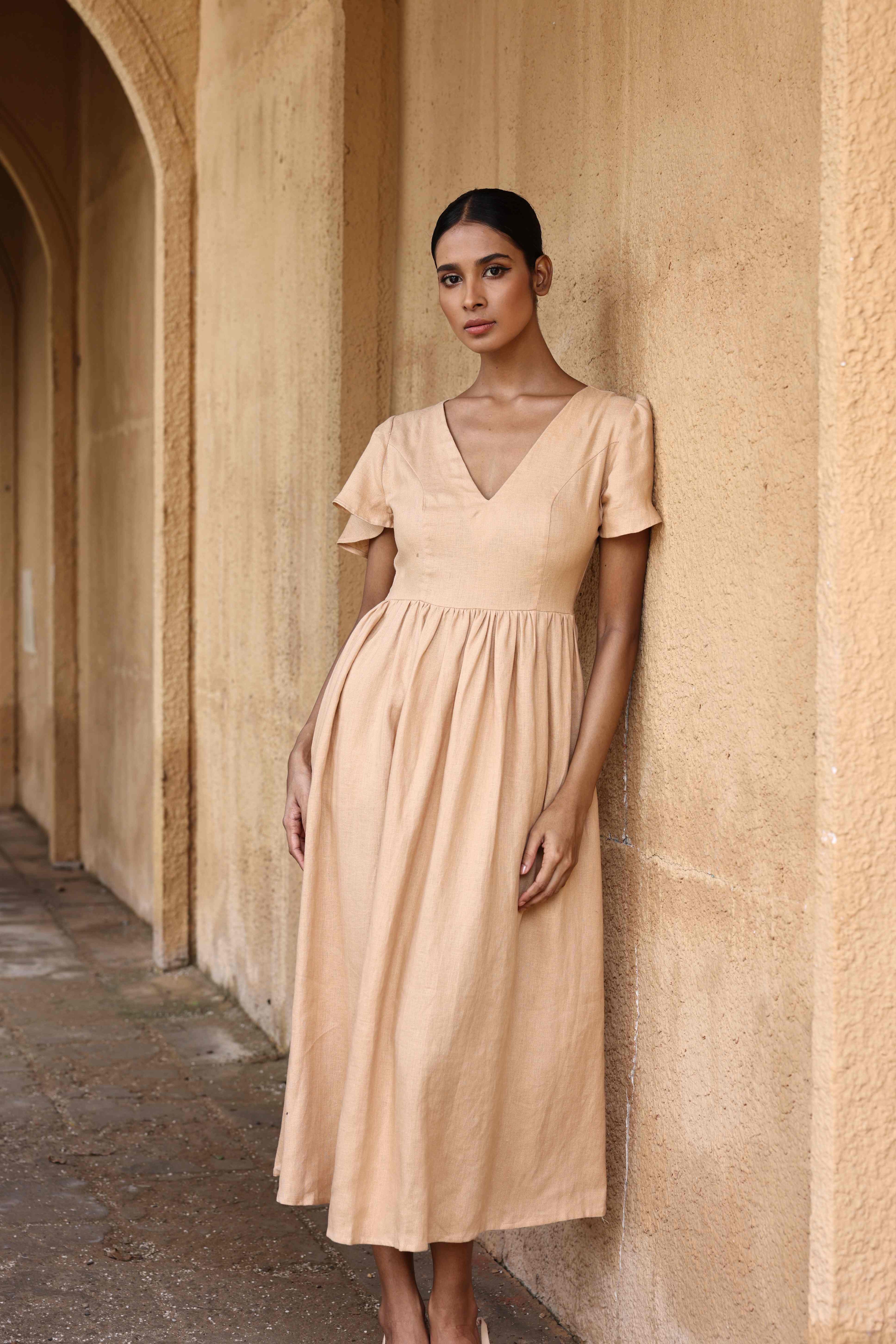 Linen flutter sleeve midi dress