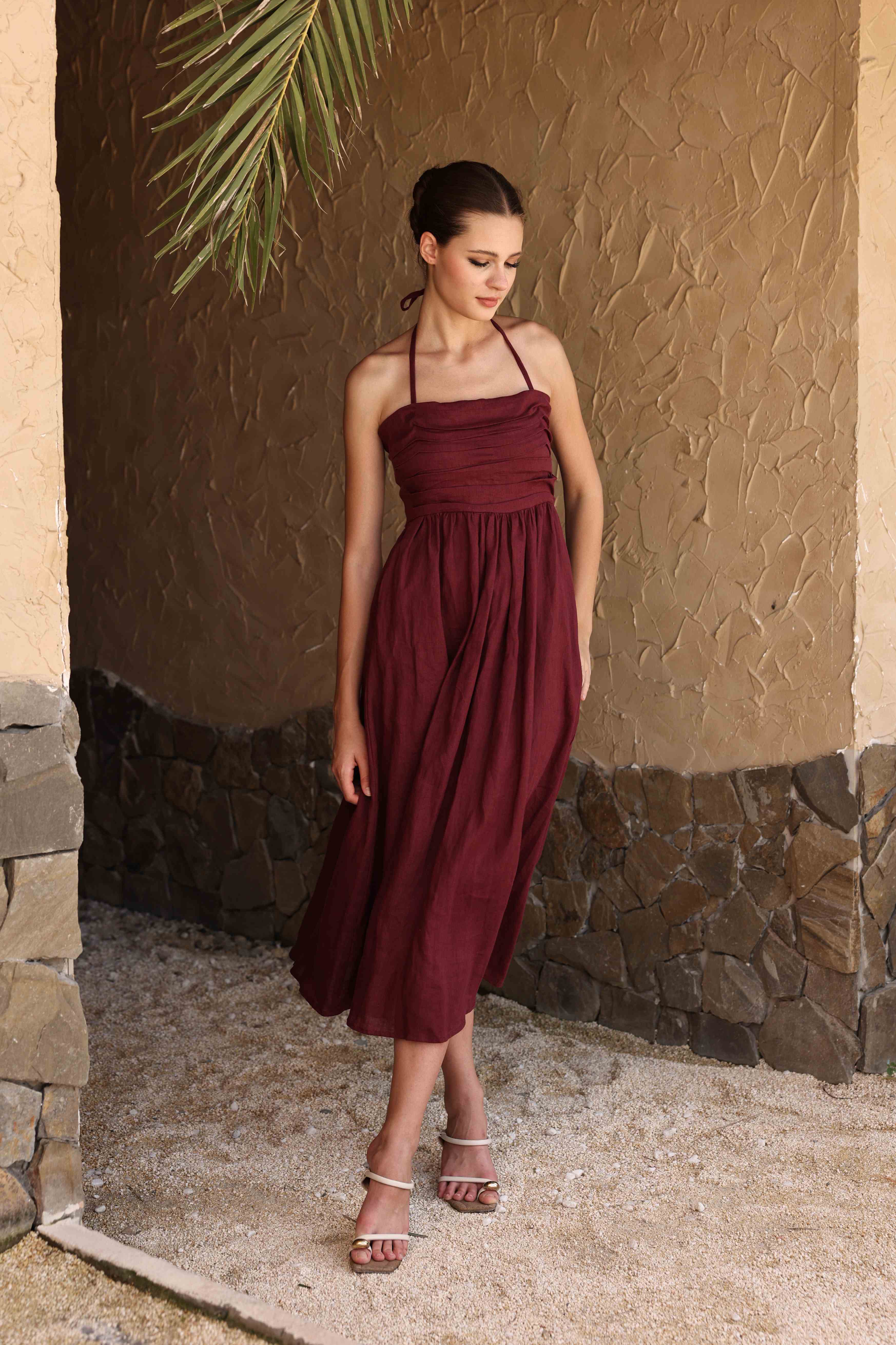 Halter neck linen midi dress
