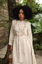 Hand-embroidered linen button-down dress