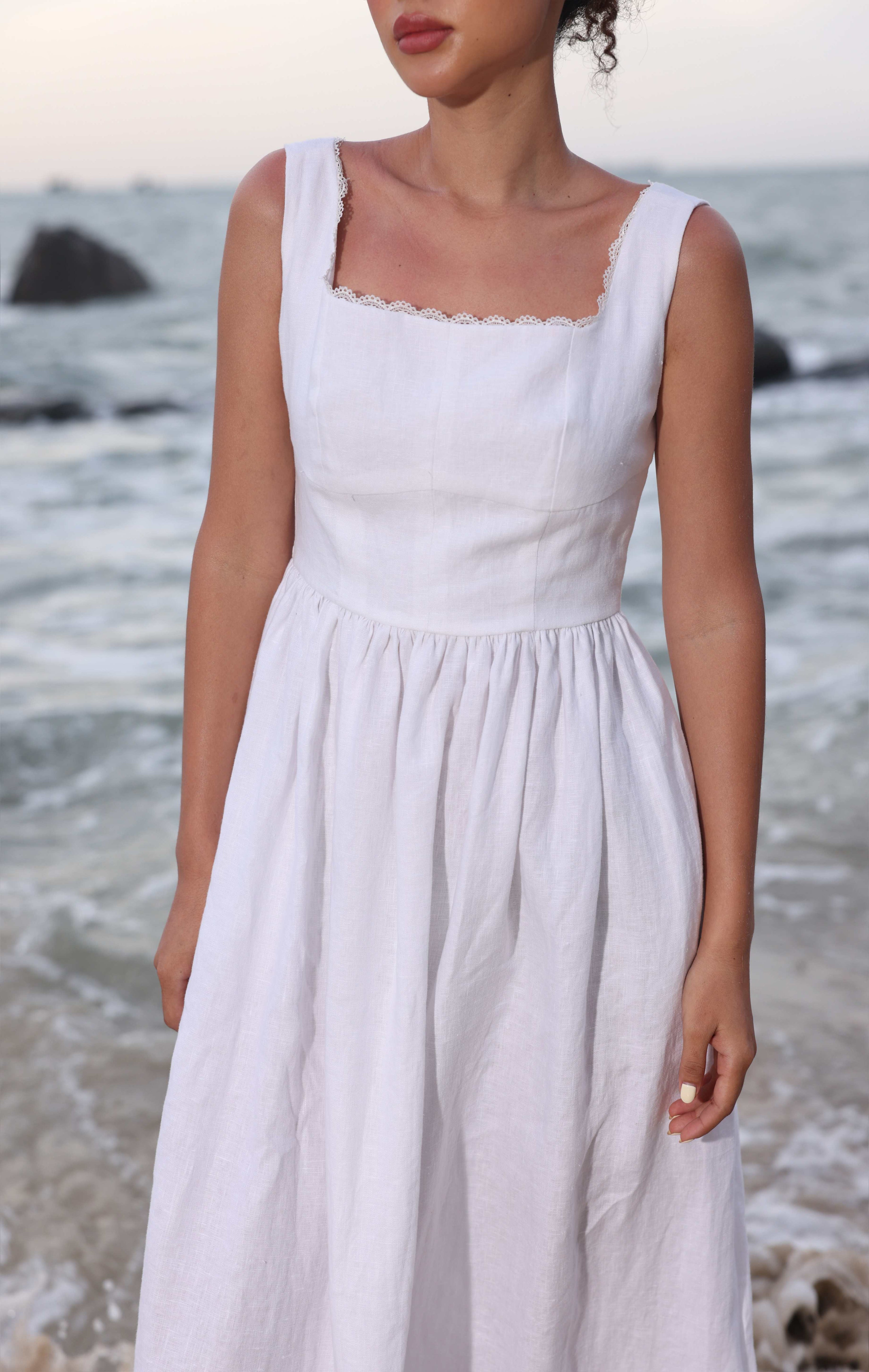 Lace trim square neck linen dress