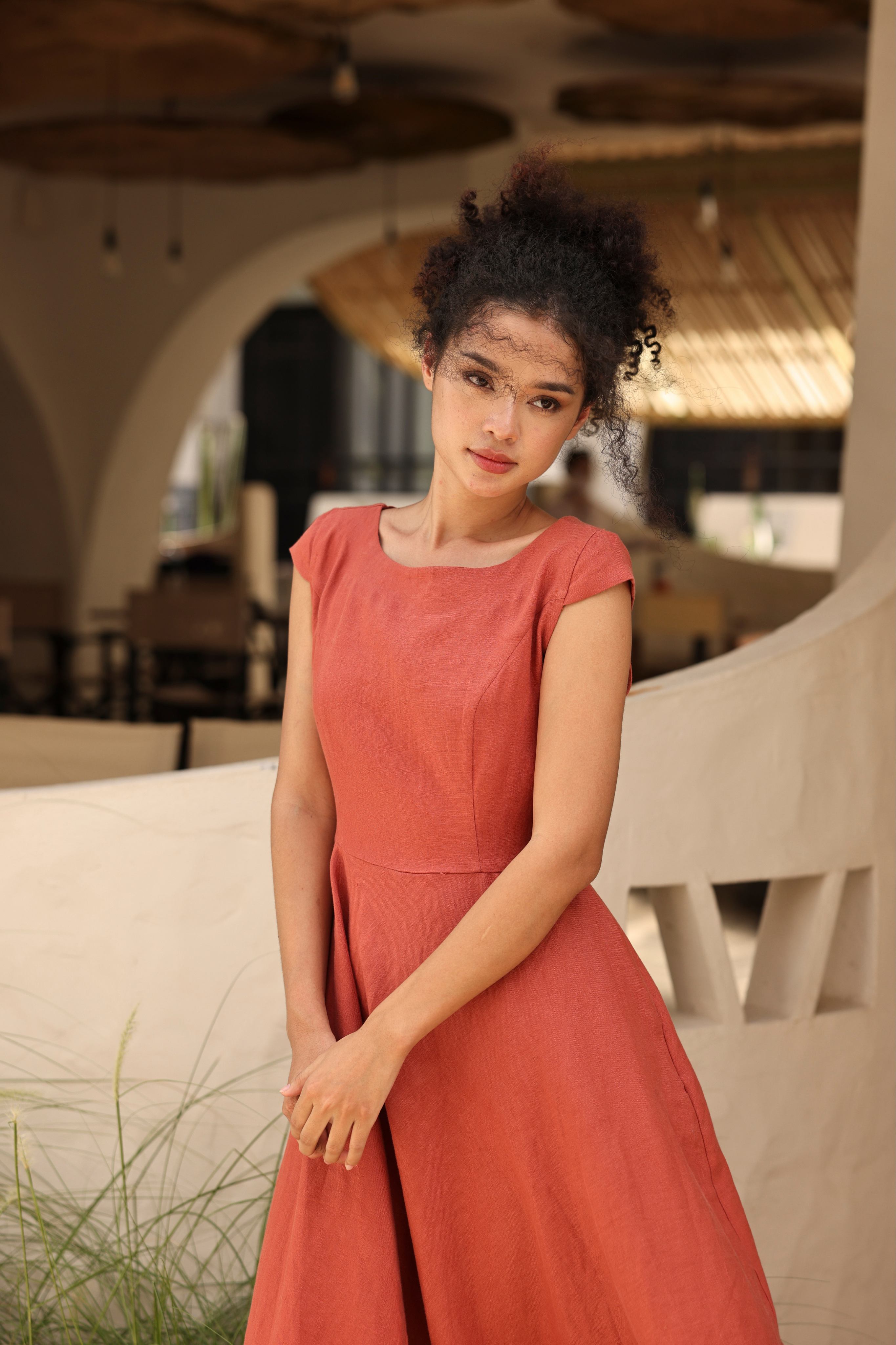 Linen cap sleeve summer dress