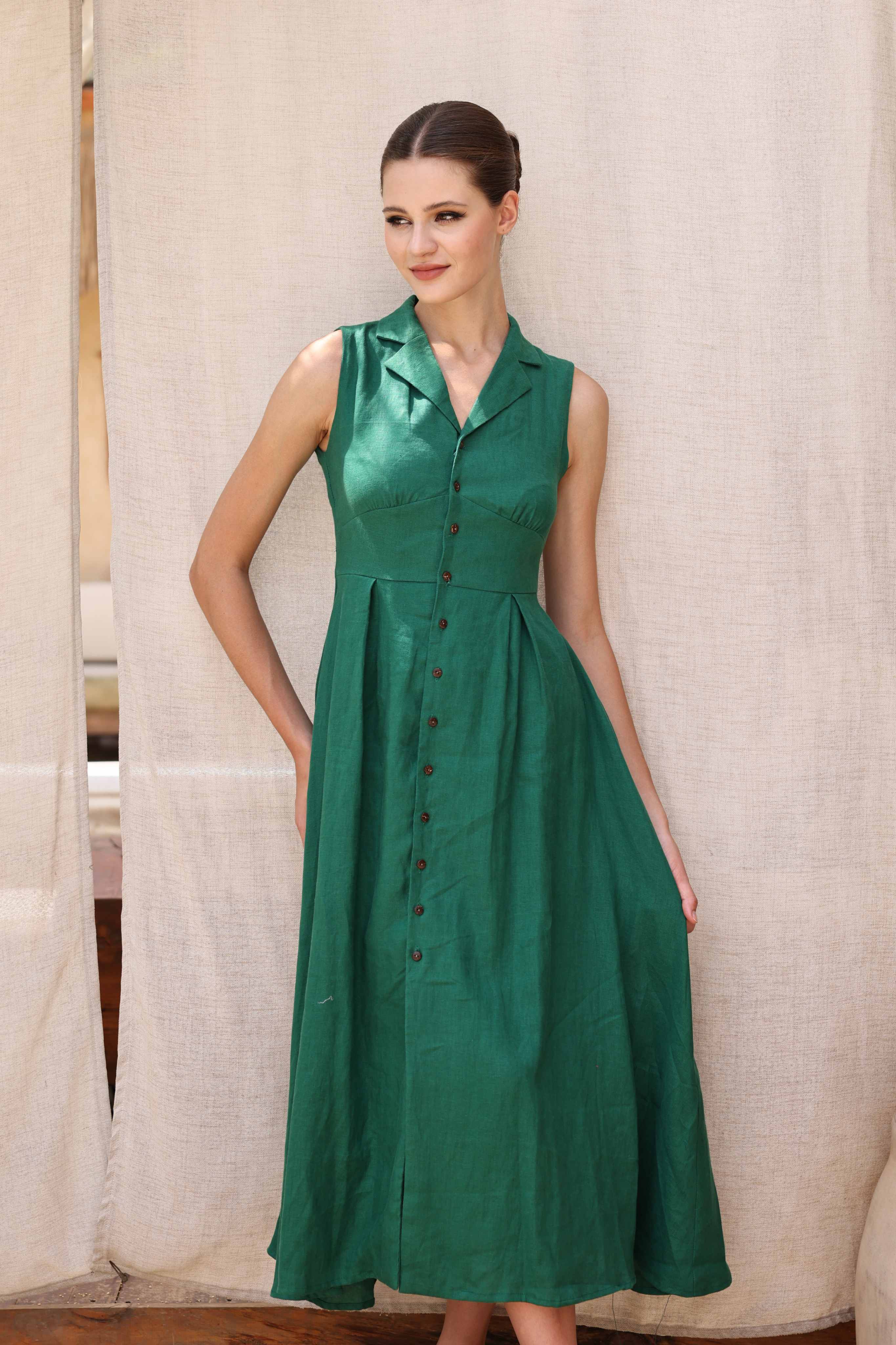Linen collar midi dress