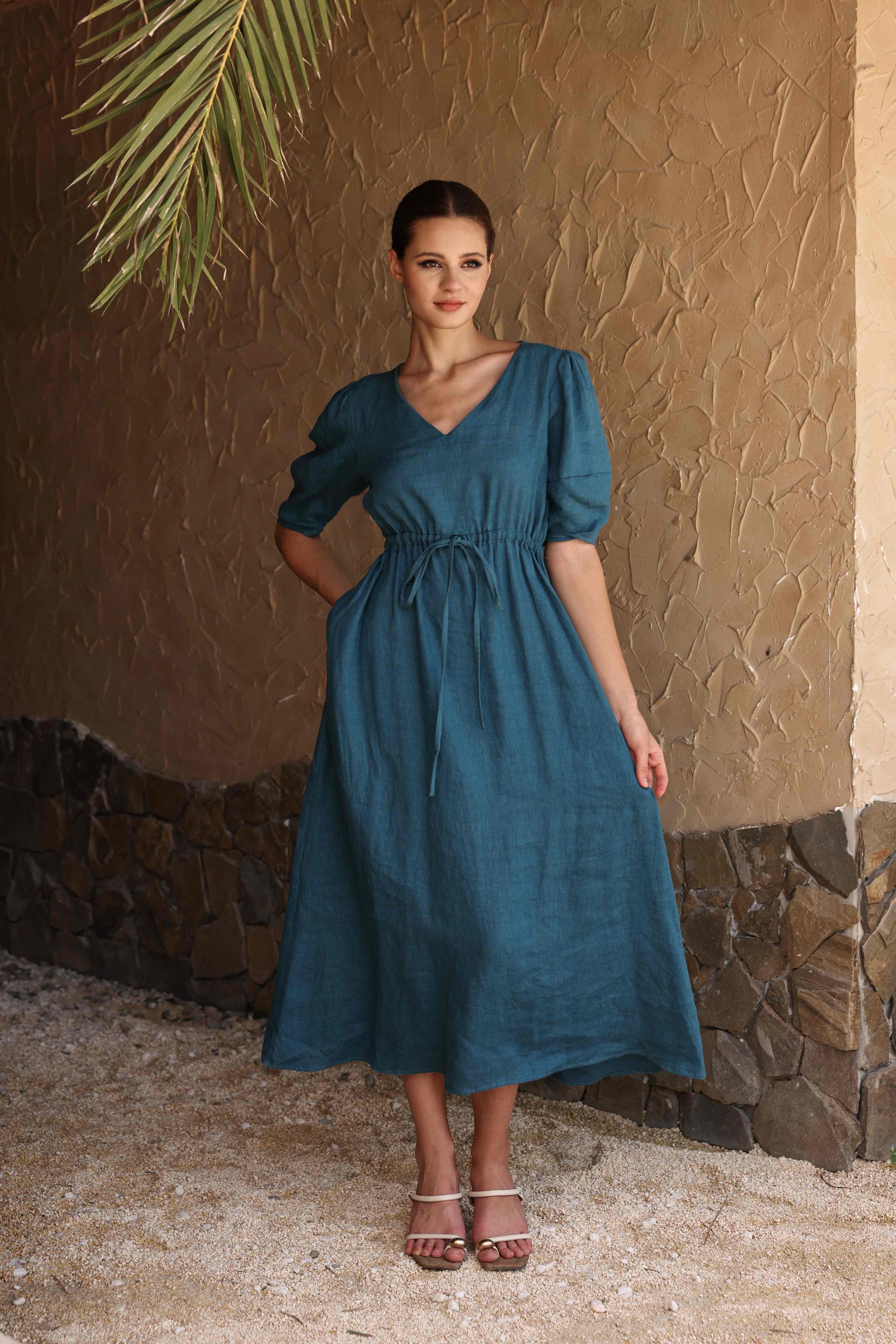 Linen drawstring midi dress