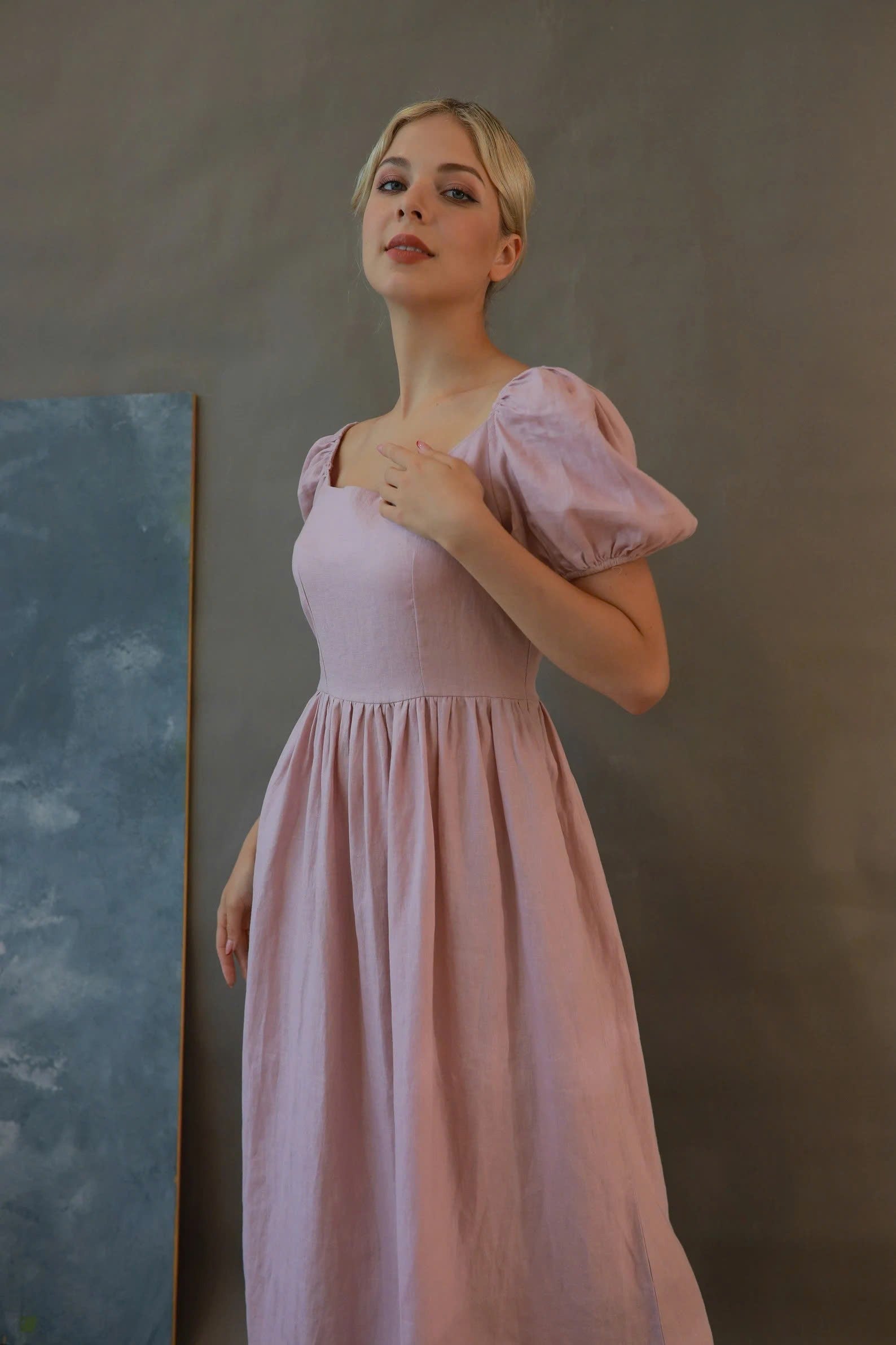 Linen gathered waist dress