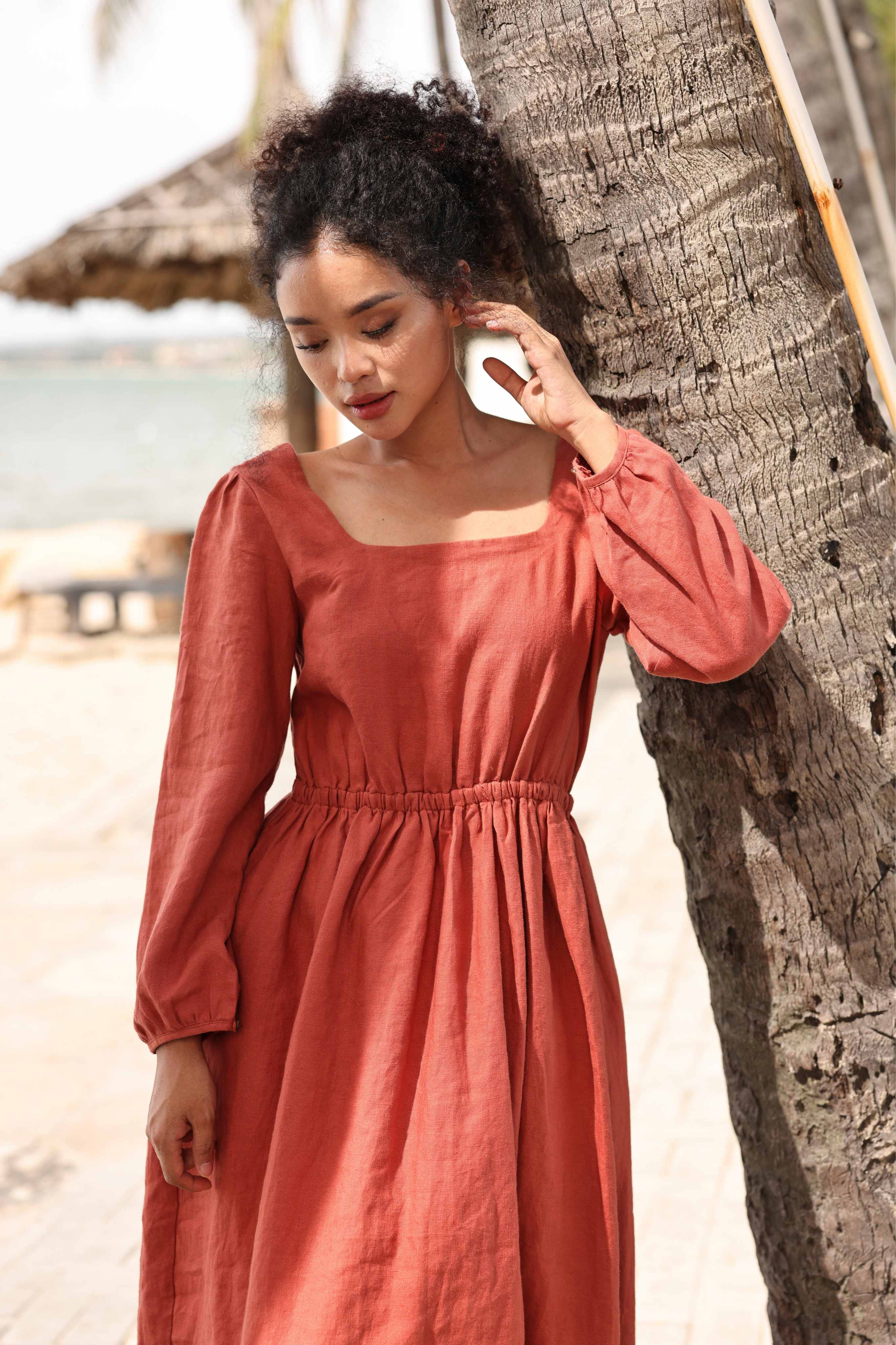 Linen long sleeve midi dress