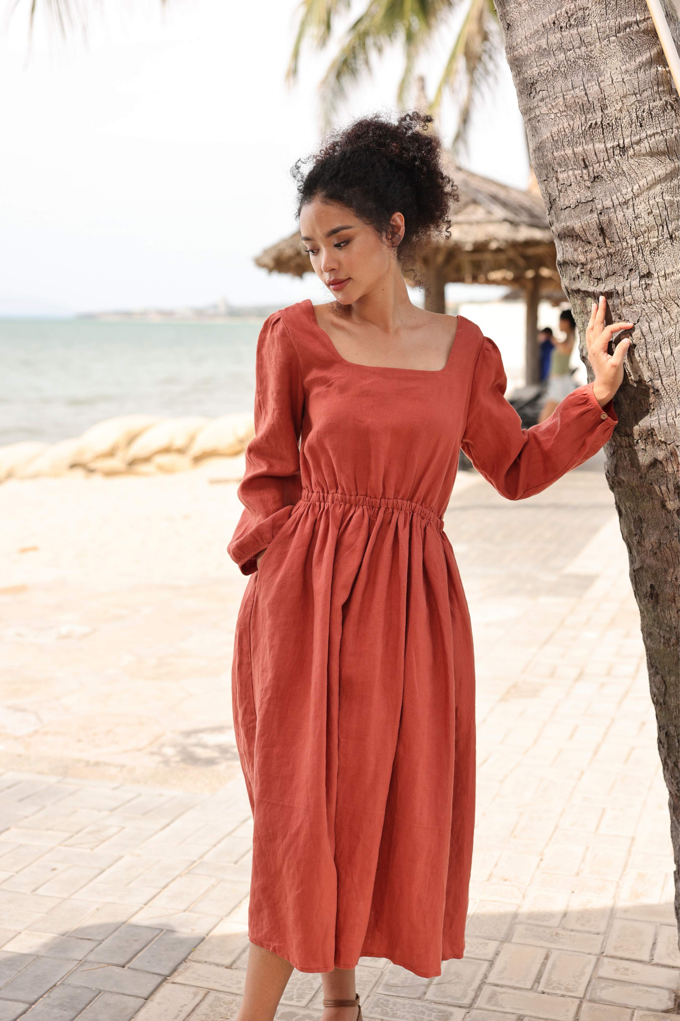 Linen long sleeve midi dress