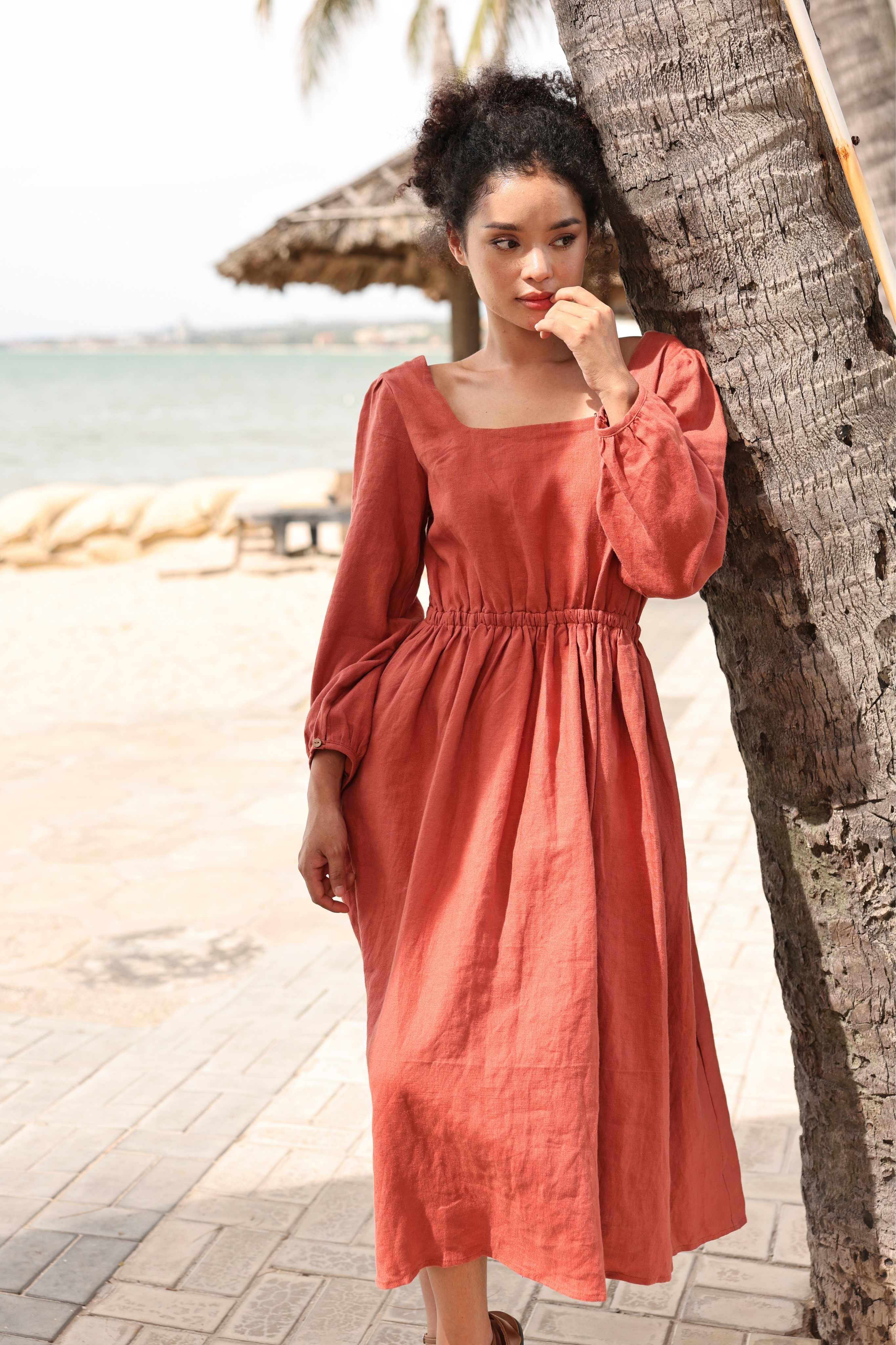 Linen long sleeve midi dress