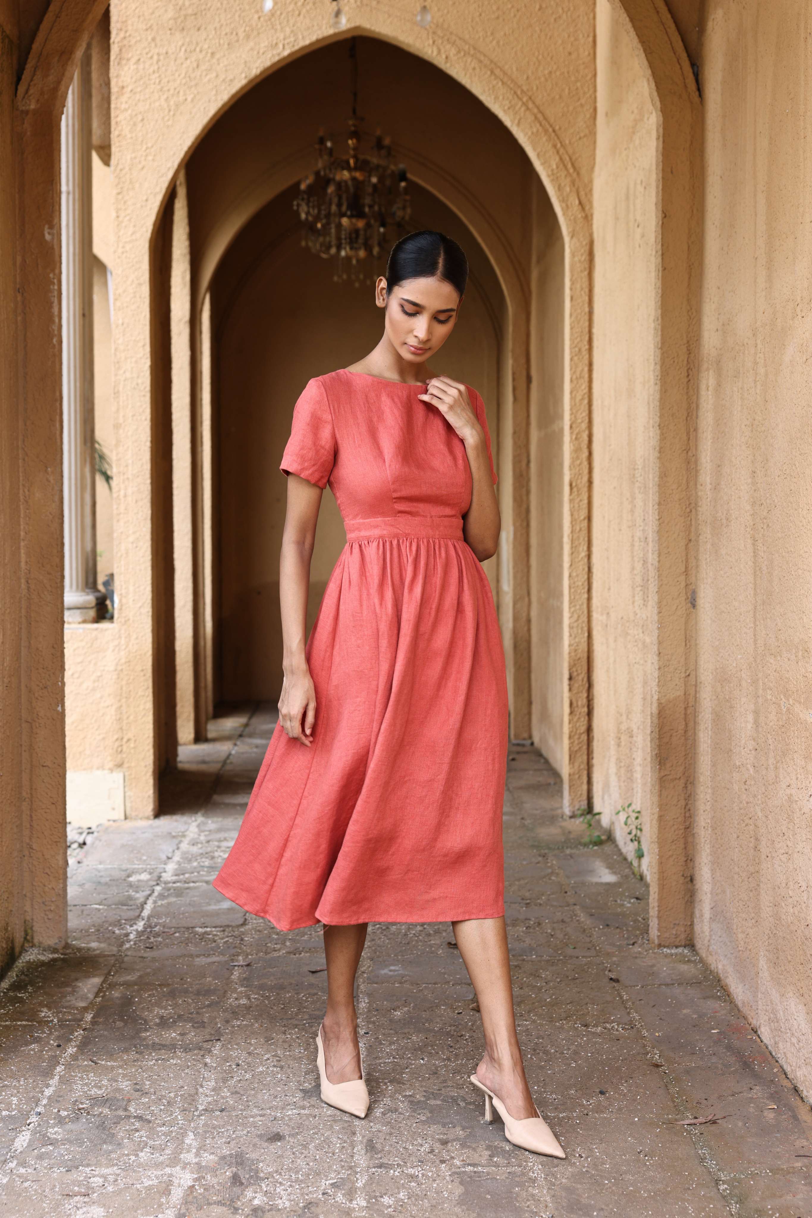 Linen open-back midi dress