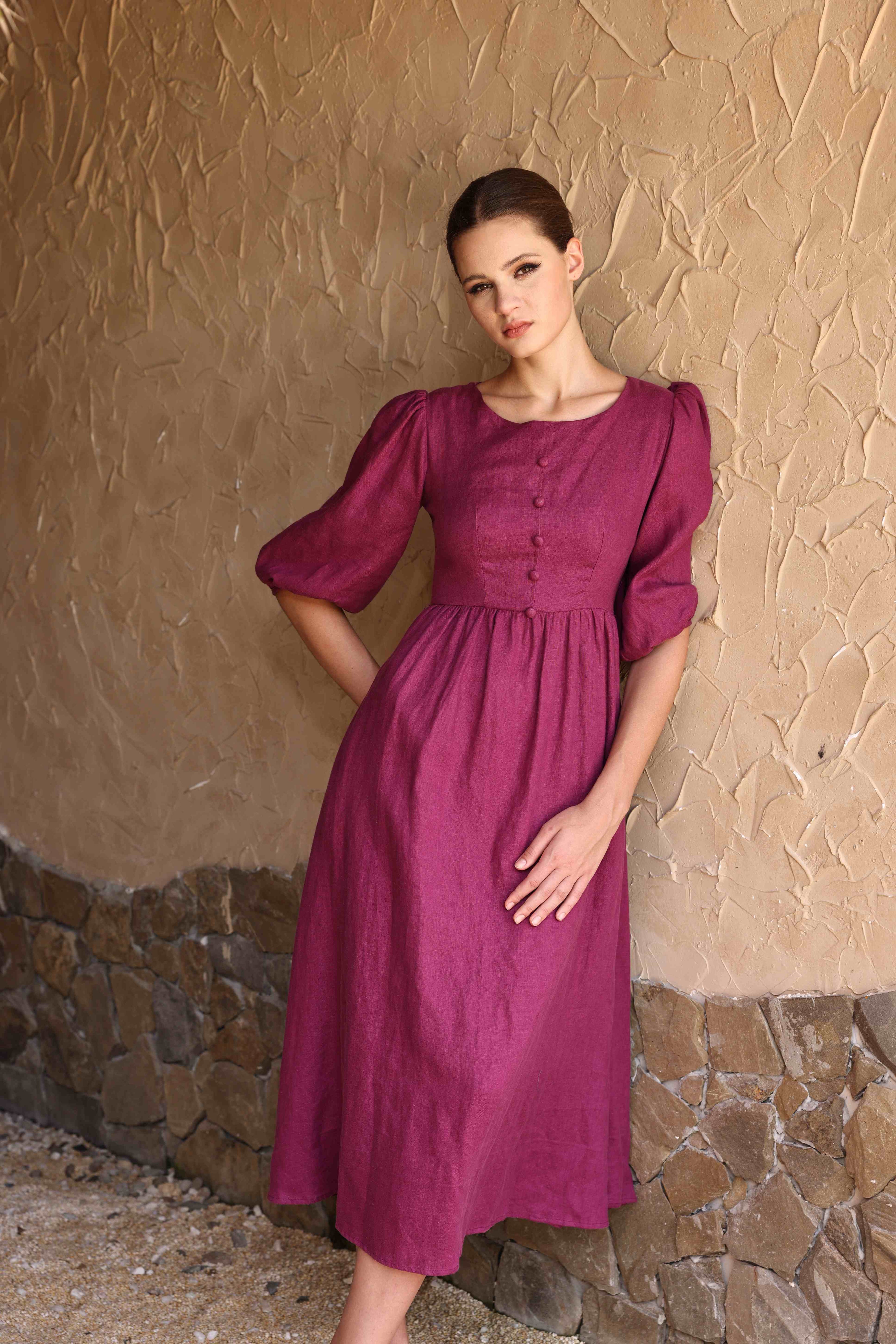 Linen puff midi dress