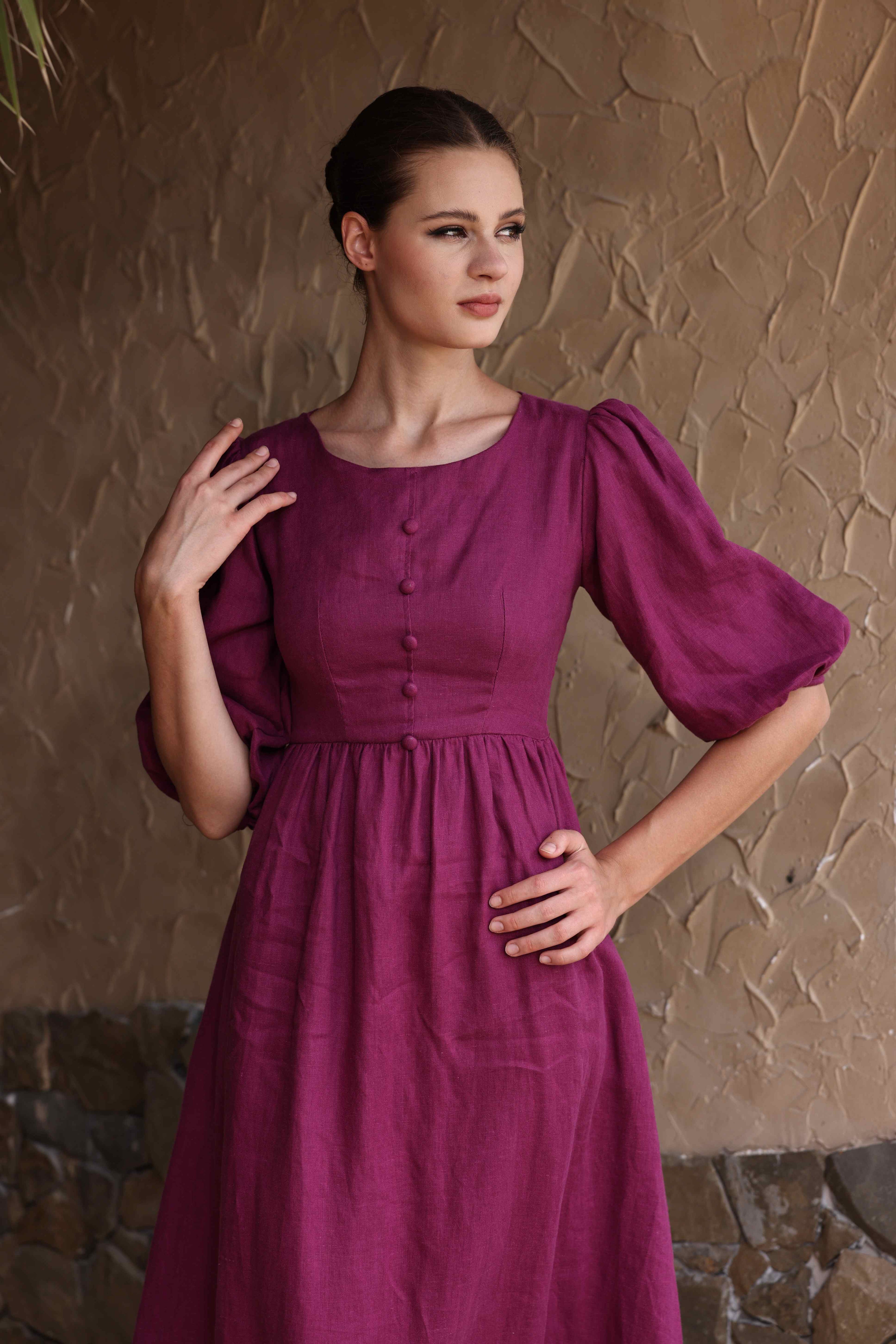 Linen puff midi dress