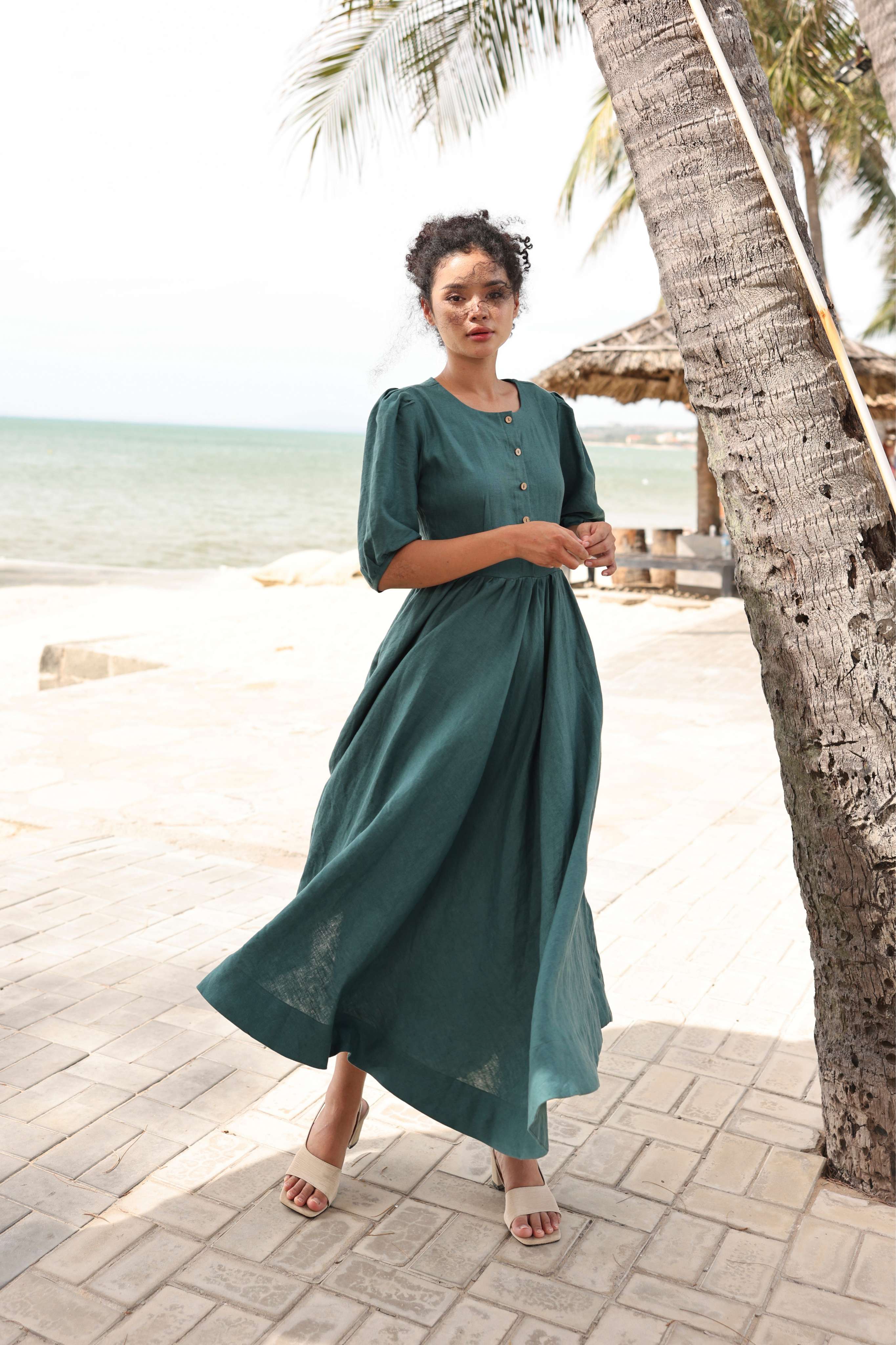 Linen puff sleeve A-line dress