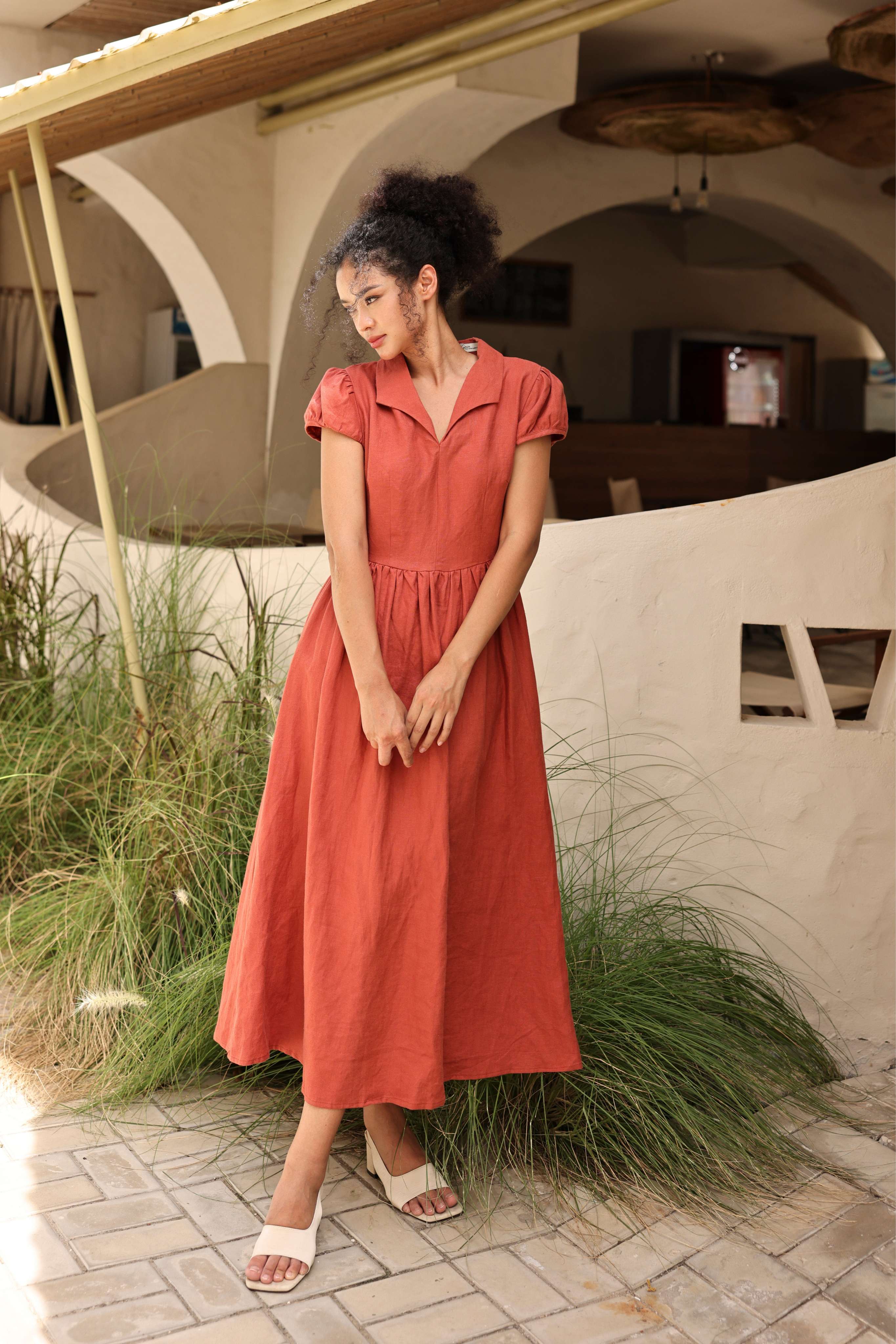 Linen short puff sleeve midi dress