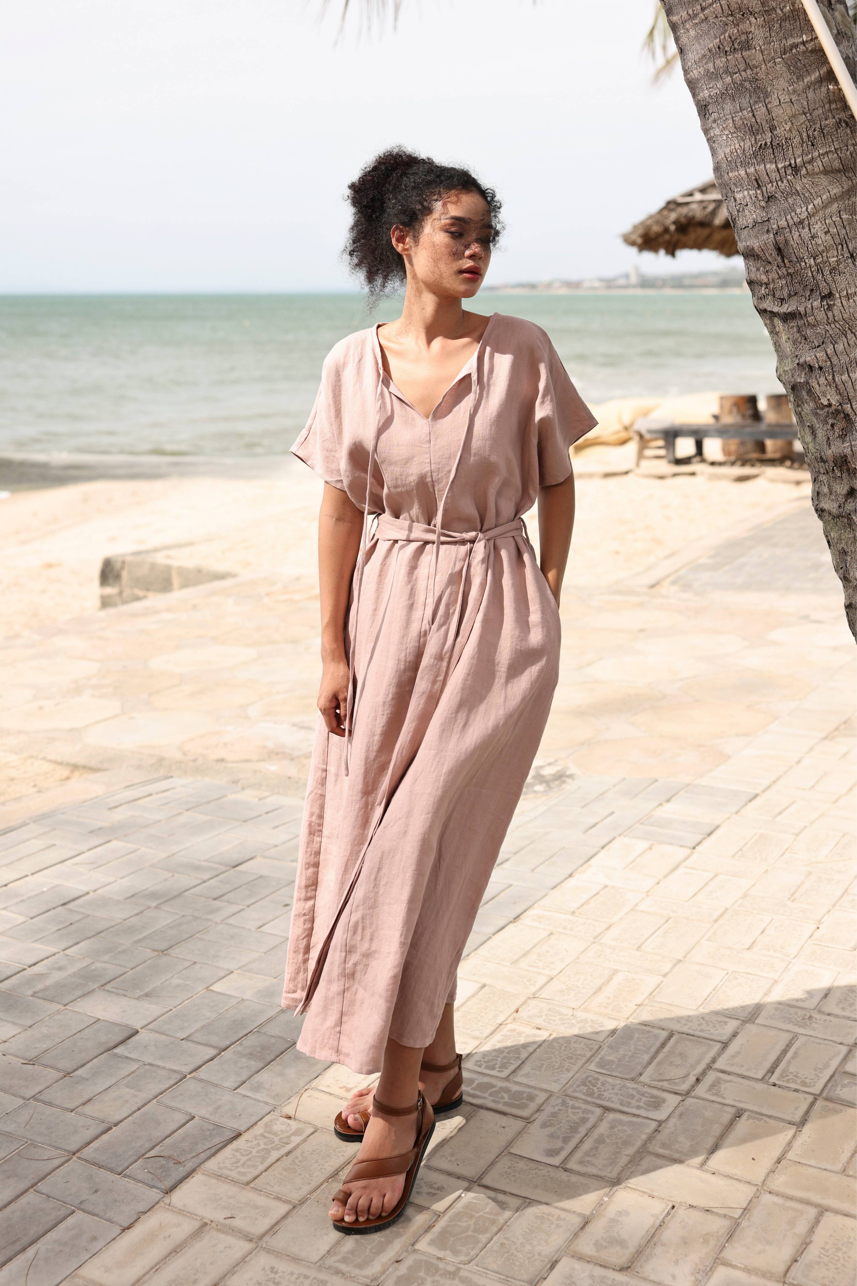 Linen tie belt maxi dress