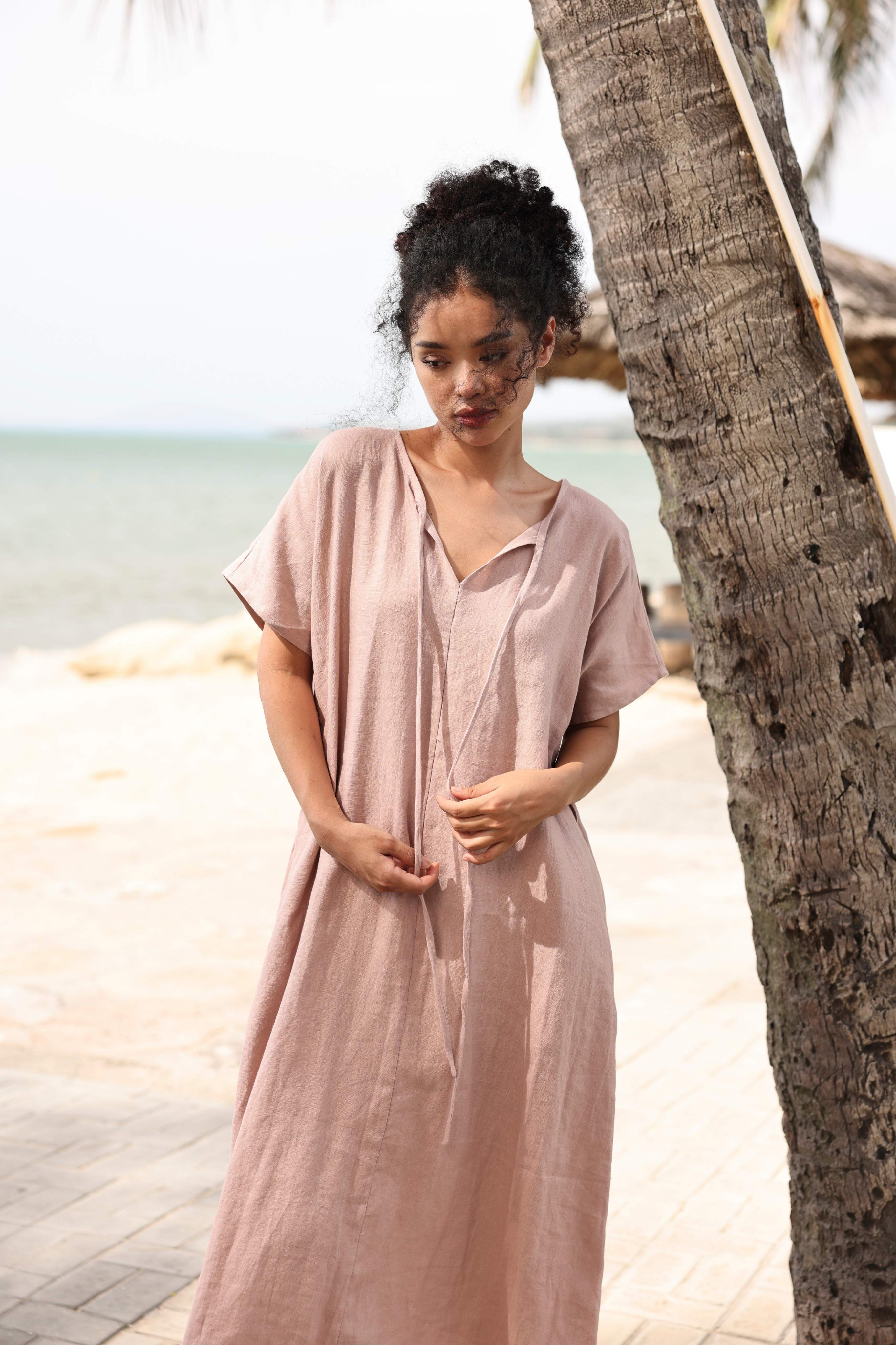 Linen tie belt maxi dress