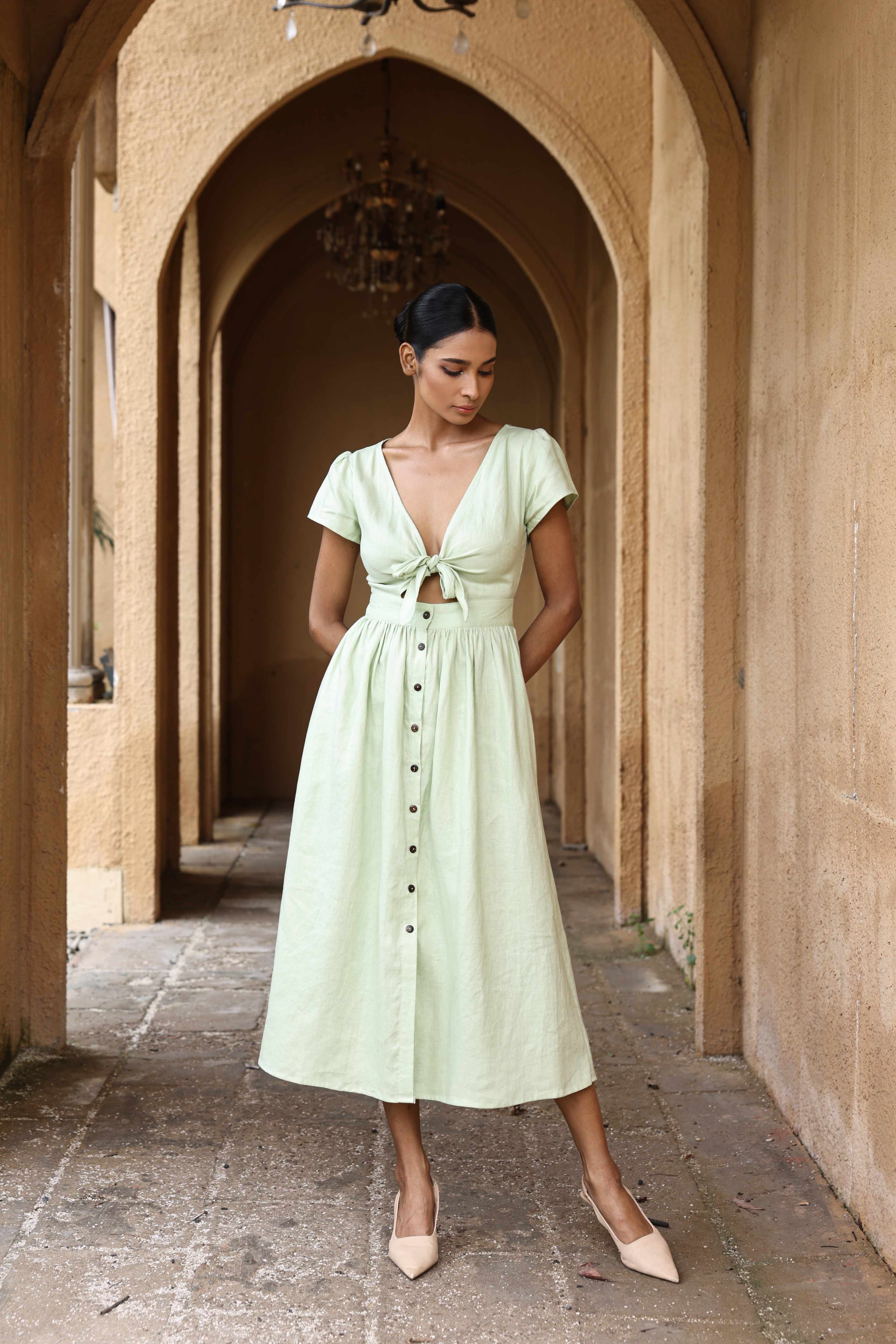 Linen tie-front midi dress